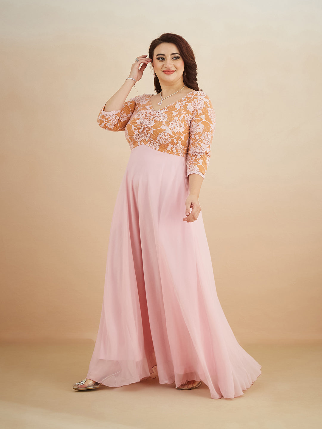 Dusty Pink V-Neck Raglan-Sleeve Self-Designed Empire-Styled Georgette Maxi Dress for Women — Miss Chase A+