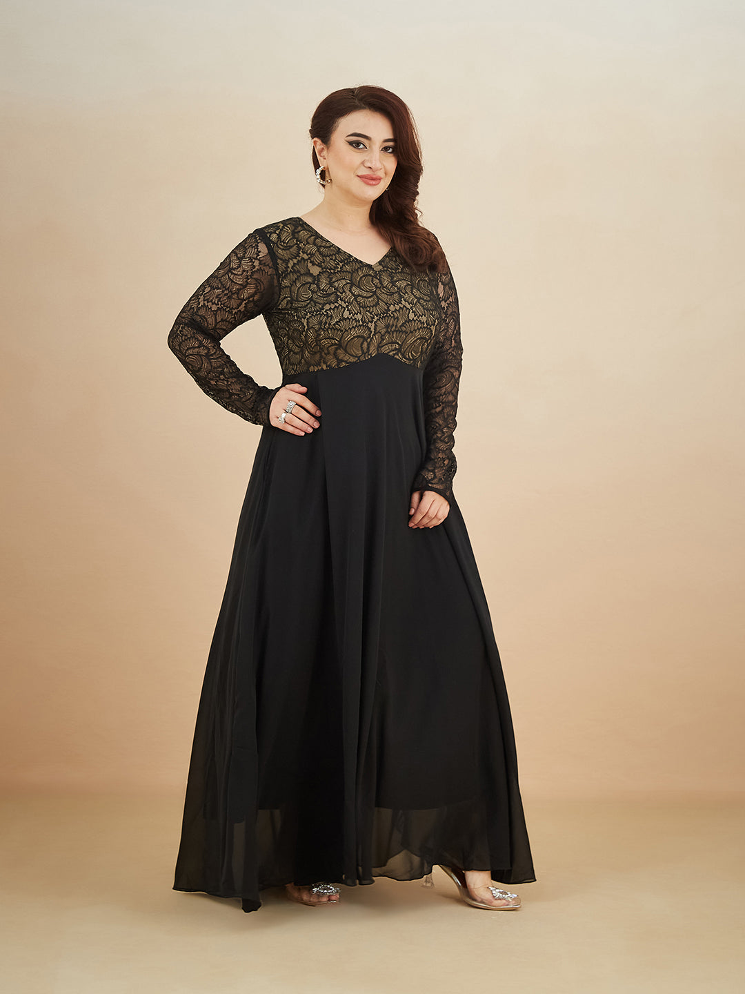 Black V-Neck Full Sleeve Self Design Lace-Overlaid Georgette Maxi Dress for Women — Miss Chase A+