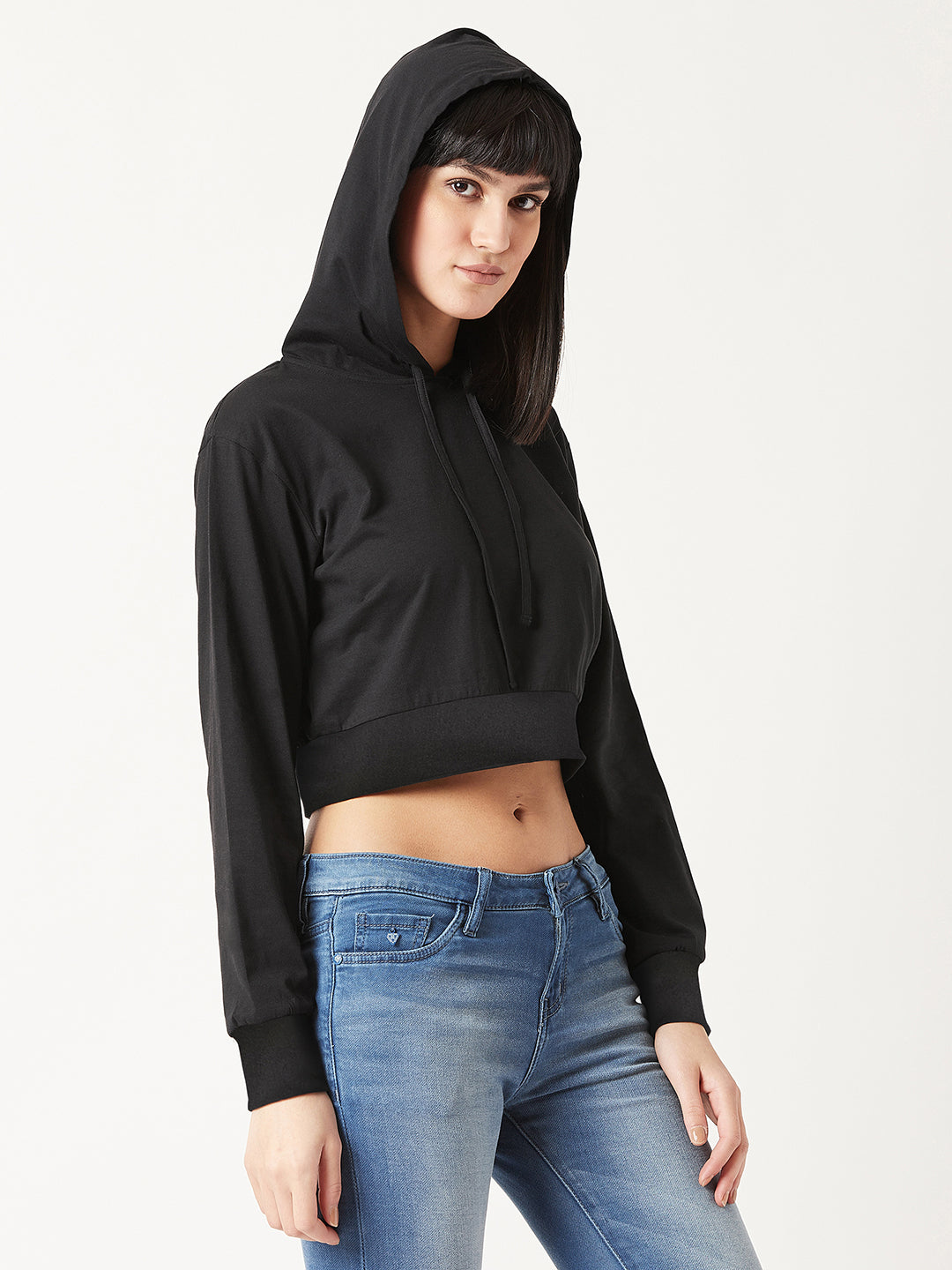 Women's Black Solid Round Neck Full Sleeve Hooded Boxy Crop Sweatshirt