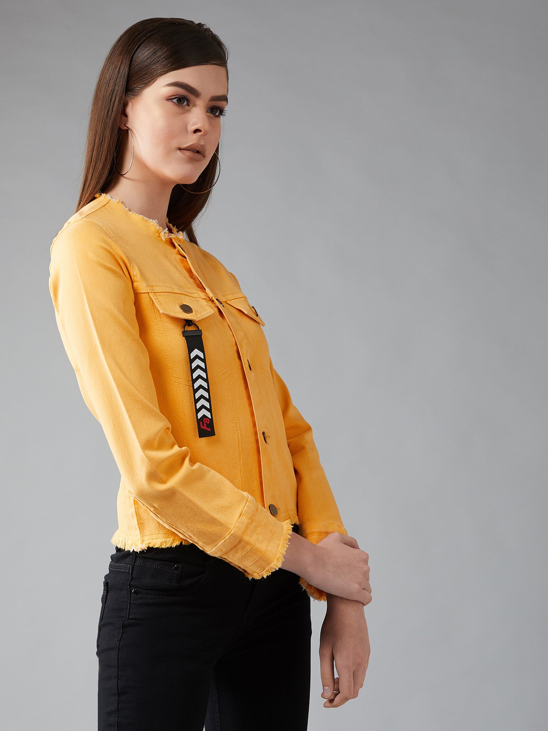 Women's Yellow overdyed Round Neck Full Sleeves Denim Regular Length Fringed Jacket