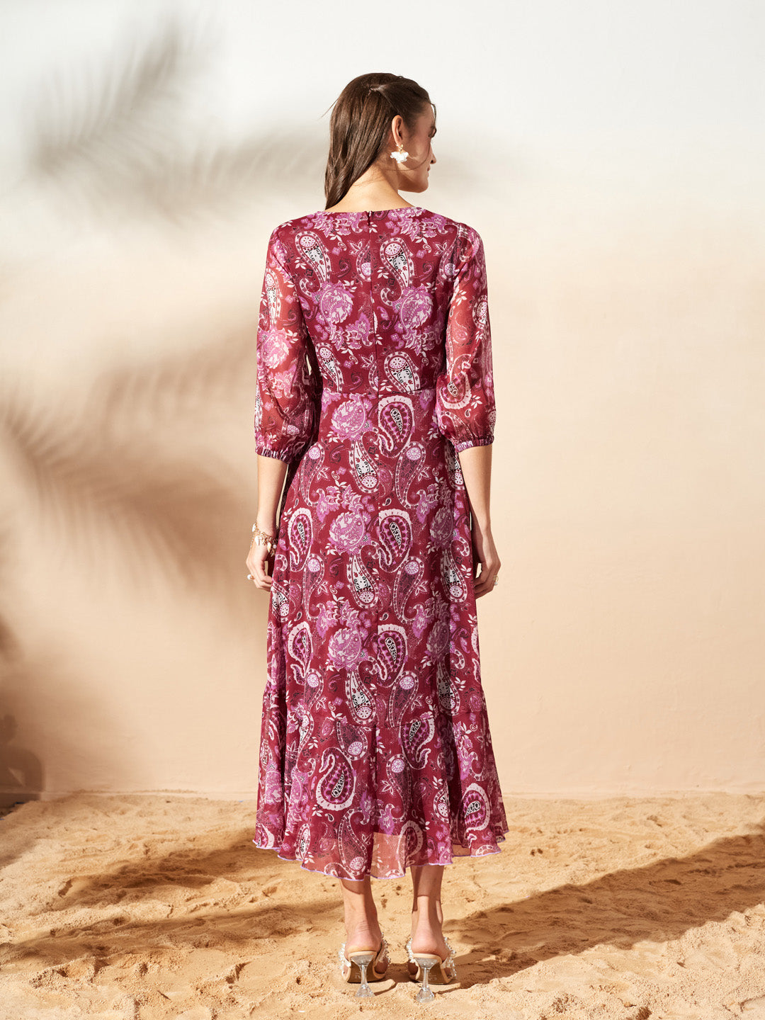 Women’s Multicolored Wine Floral V-Neck 3/4 Sleeve Wrap Midi Chiffon Dress for Women