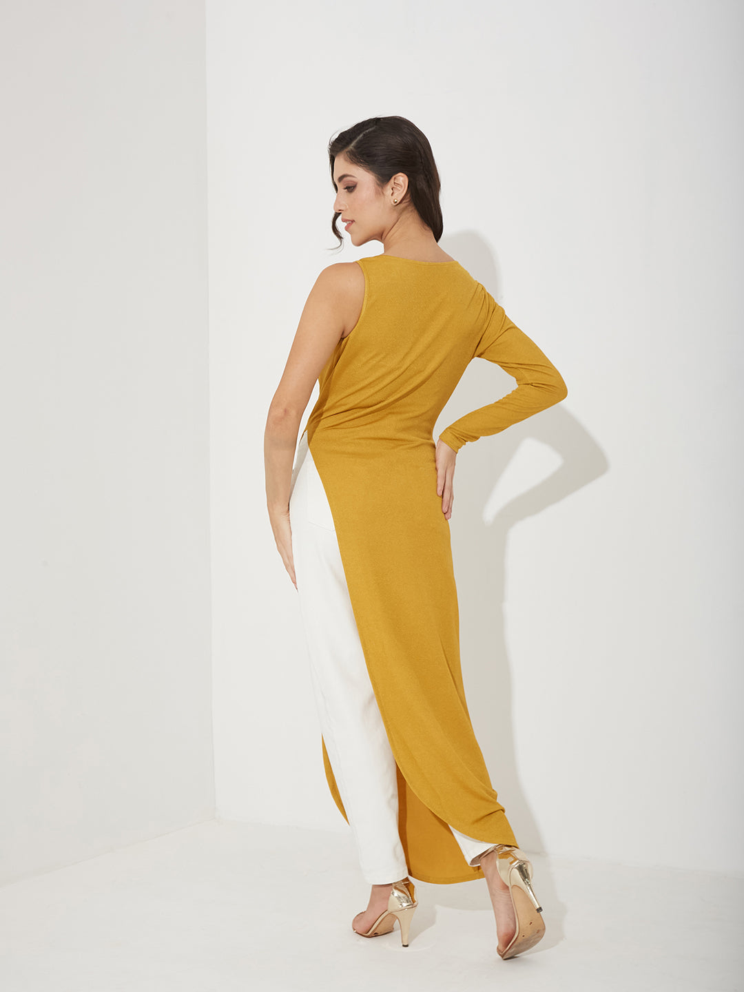 Women’s Golden Asymmetric Cowl Full-Sleeved Solid Asymmetric Maxi Polyester Top for Women