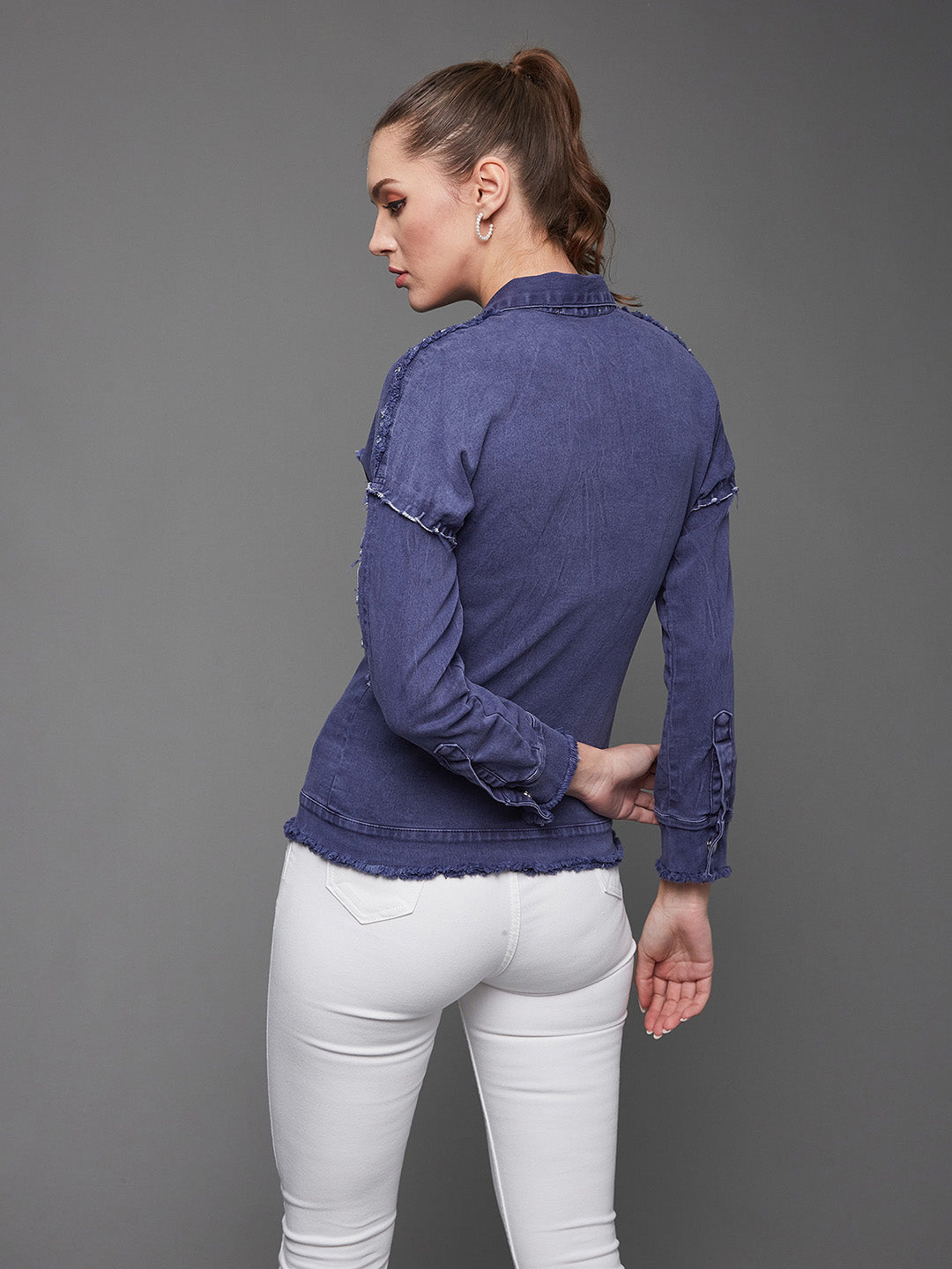 Women's Blue-Colored Polo-Neck Full-Sleeve Solid Bomber Regular-Length Jacket