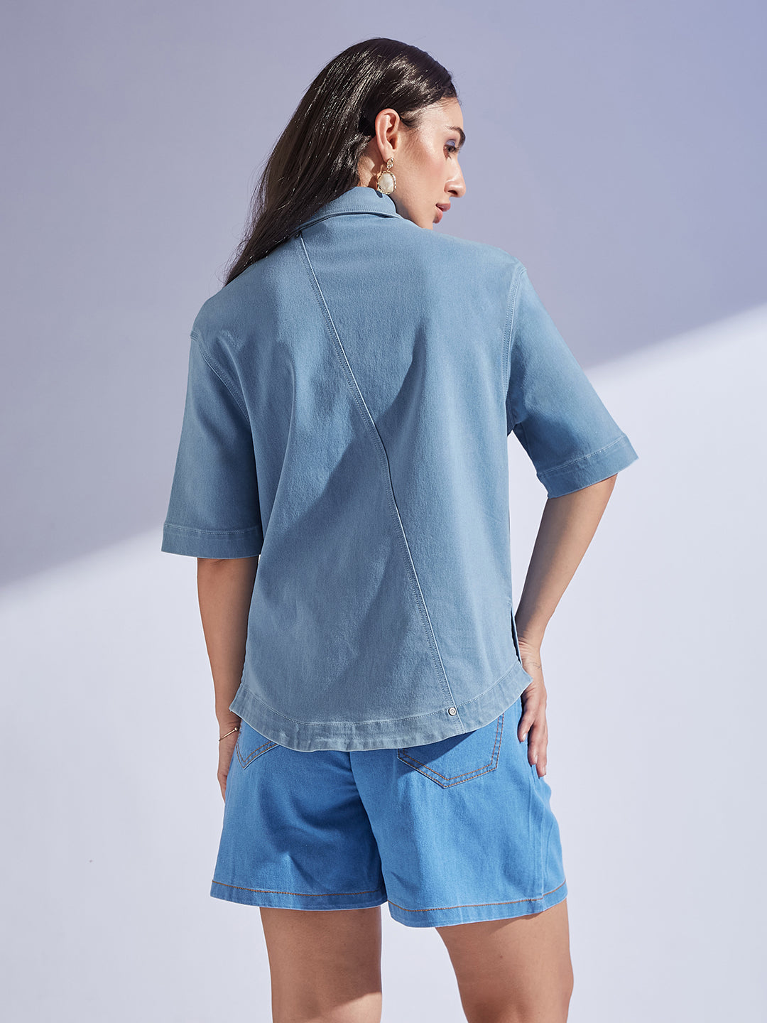 Light Blue Shirt Collar Half Sleeve Asymmetrical Panelled Regular-Length Denim Shirt For Women