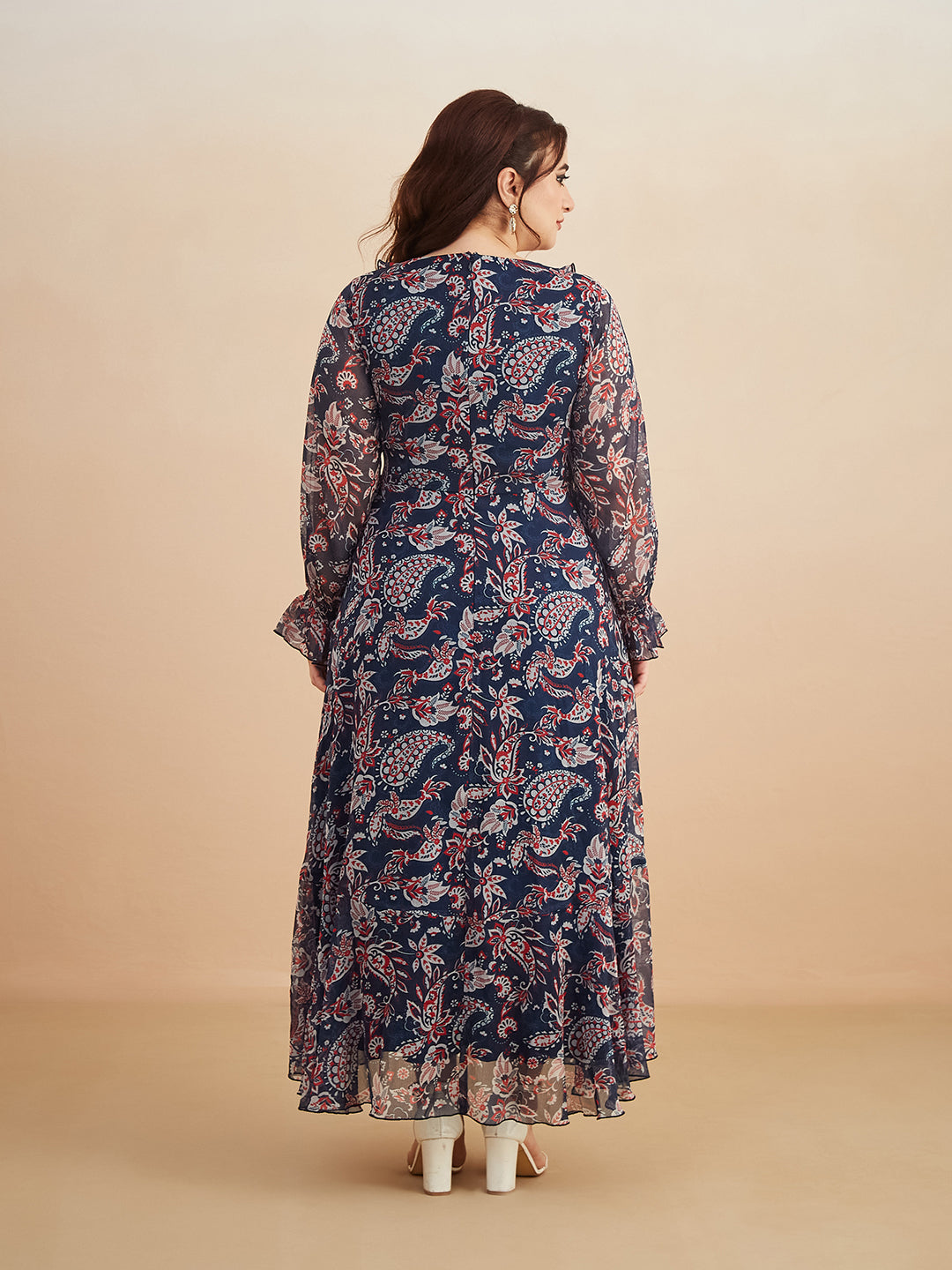 Multicolored-Base-Navy Blue V Neck Full Sleeves Polyester Relaxed Fit Midi Length Dress for Women