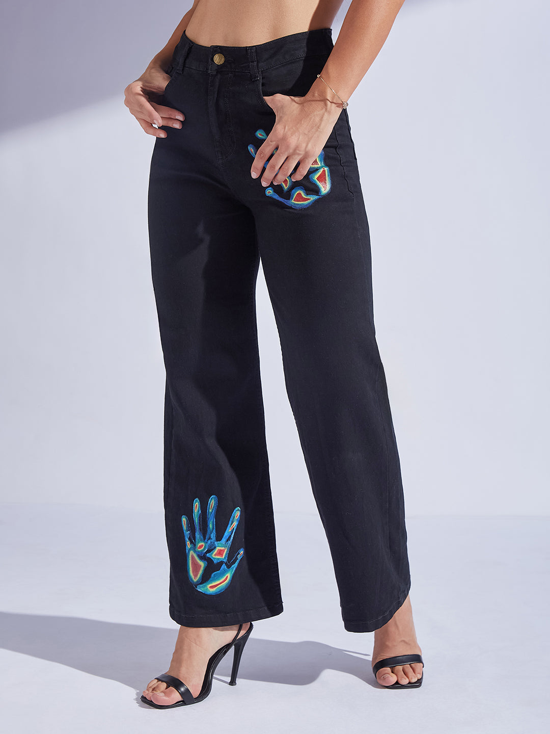 Black Wide Leg High-Rise Hand Painted Thermal Hand-Scan Stretchable Denim Jeans for Women