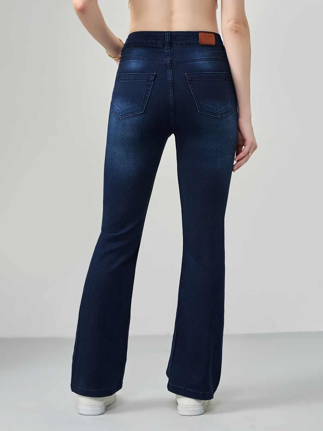 Navy blue Wide leg Mid rise Regular Stretchable Denim Jeans for Women