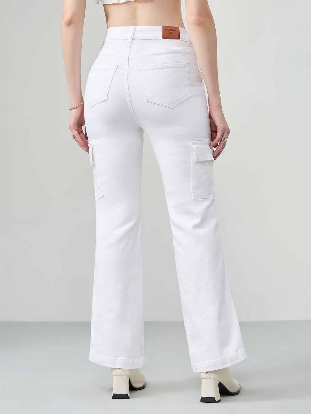 White Wide-Leg High-Rise Stretchable Denim Jeans for Women