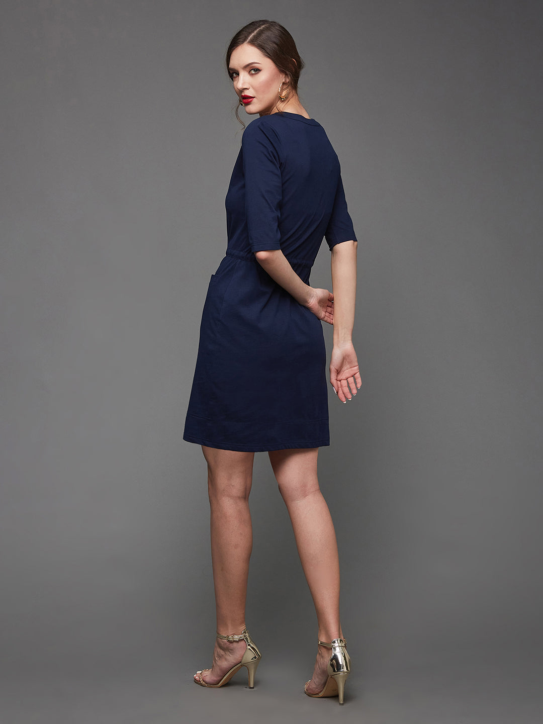 Women's Navy Blue Relaxed Fit  Mini  Polycotton Dress