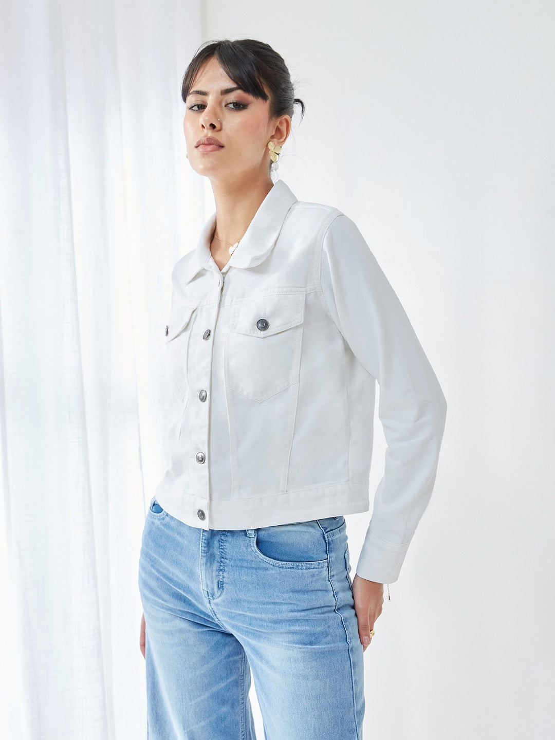White Polo Neck Full Sleeves Denim Solid Cropped Jacket for Women