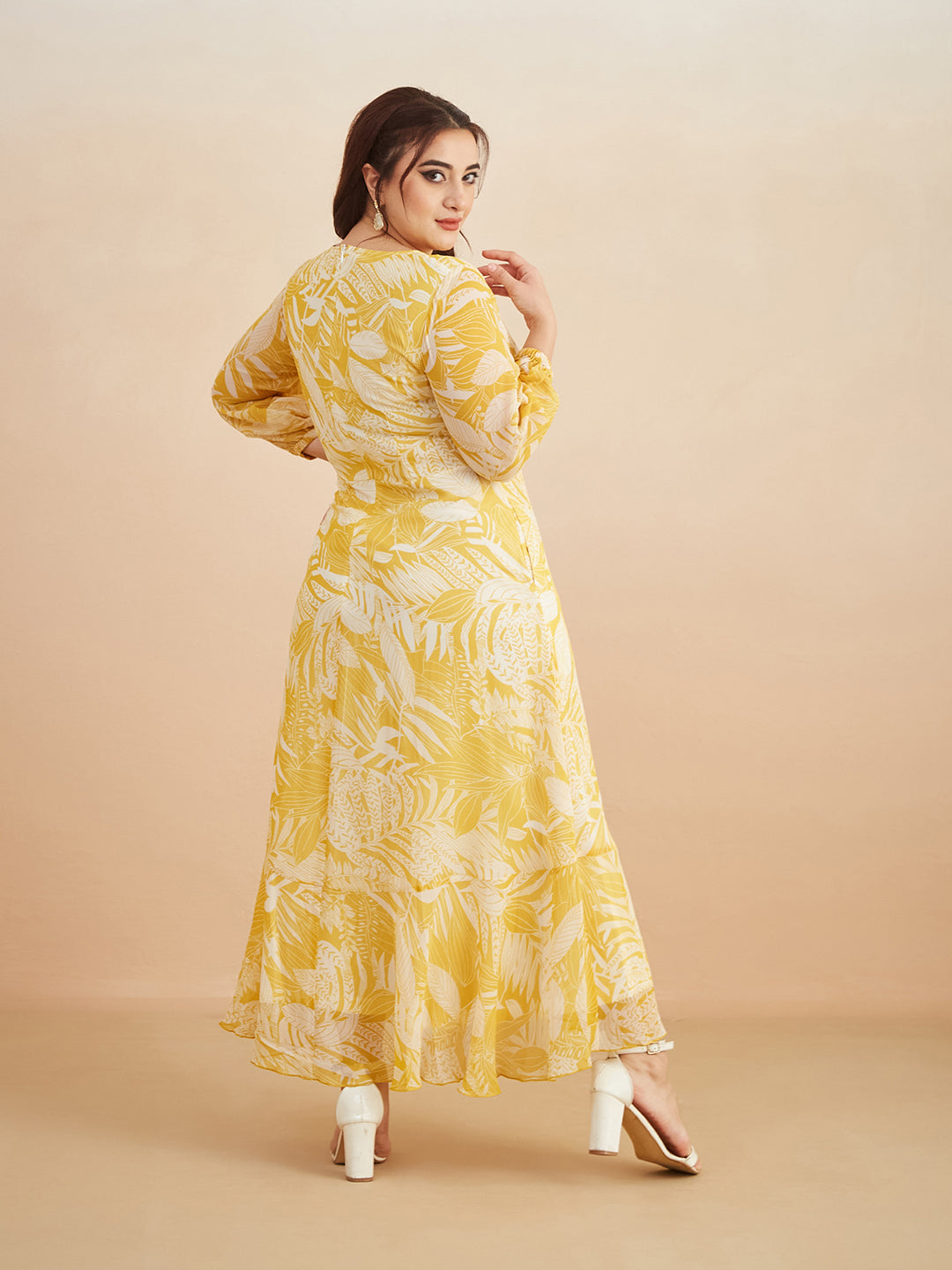 Yellow & White V neck Full sleeve Floral Layered Maxi Dress for Women