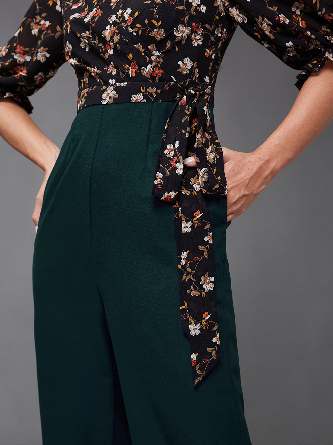 Women's Multicolored-Base-Teal V-Neck Puff Sleeve Floral Patterned Wrap Regular Georgette Jumpsuit