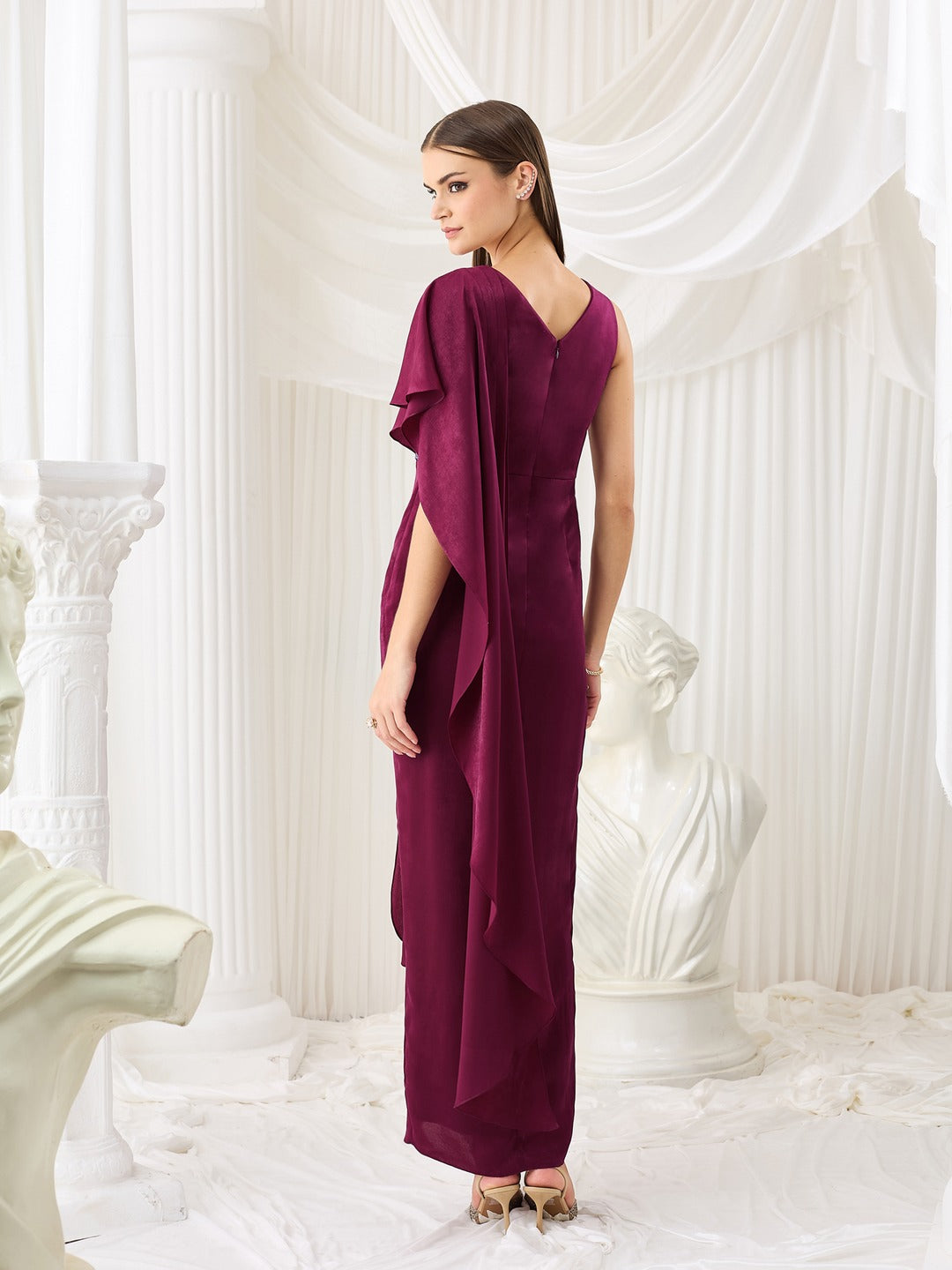 Wine Sweetheart Embellished Gown in Pleated Satin for Women