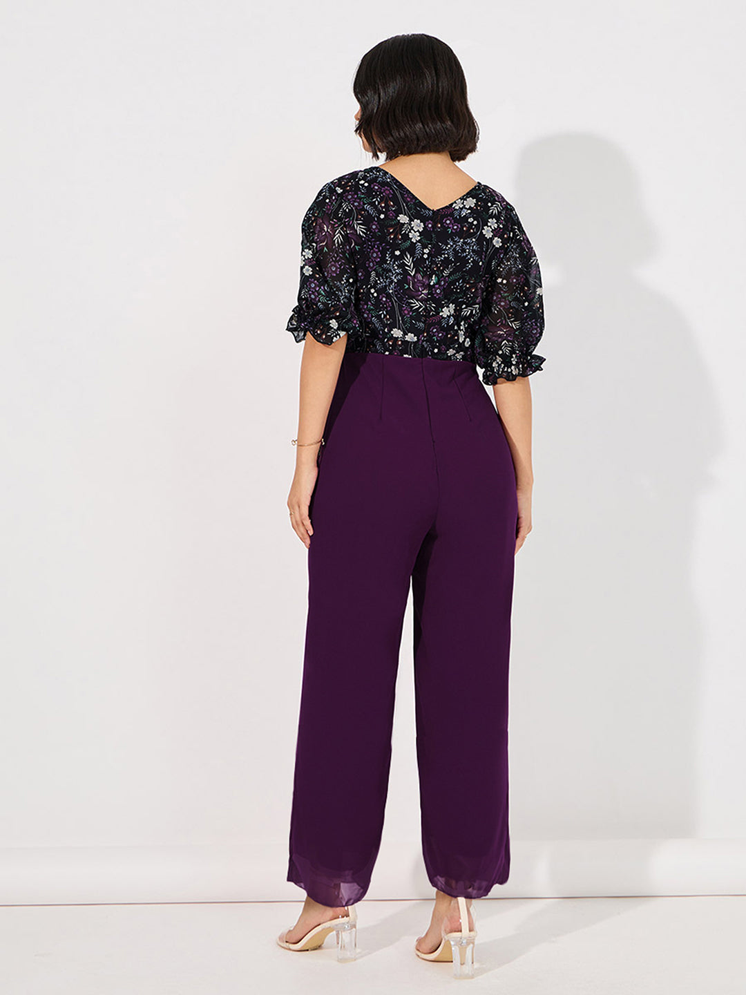 Women's Multicolored-Base-Dark Purple V-Neck Puff-Sleeves Floral Patterned Wrap Regular Georgette Jumpsuit