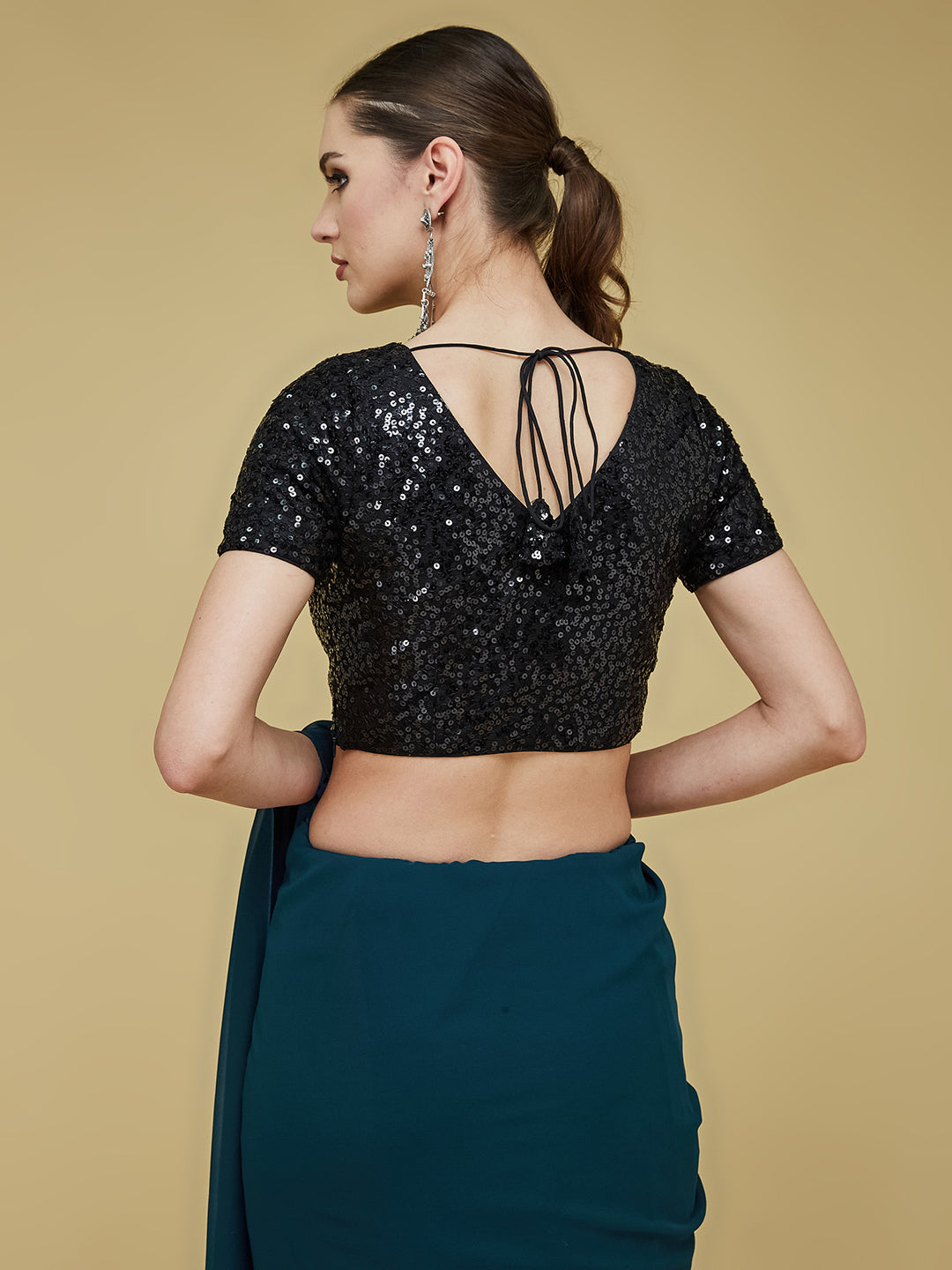 Women's Black Embellished Round Neck Half Sleeve Princess Seam Pocketed Polyester Back Tie Up Short Blouse