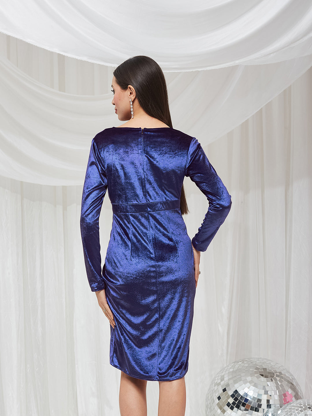 Royal Blue Velvet Wrap Knee-Length Dress with Draped Silhouette and Full Sleeves for Women — Miss Chase