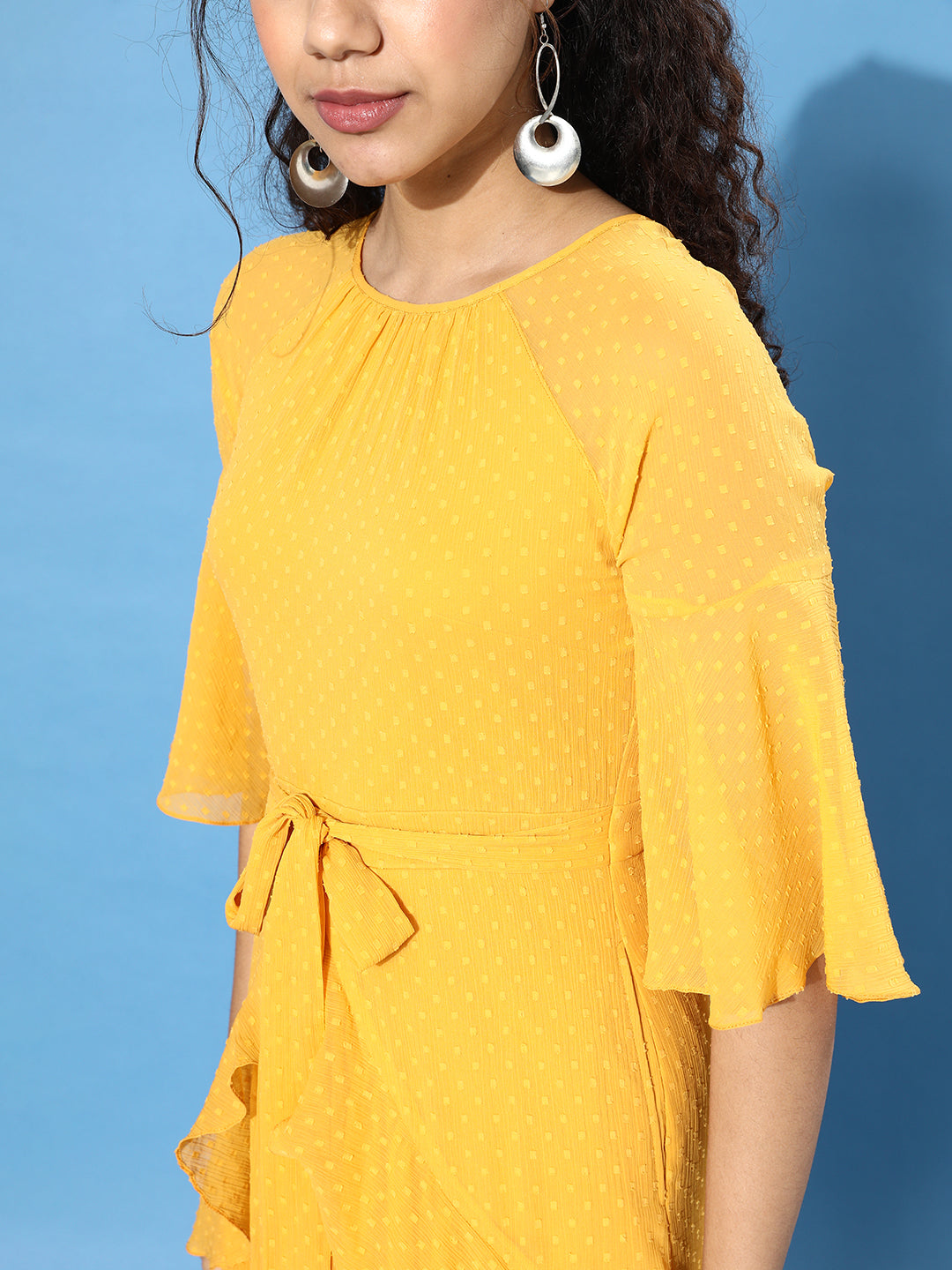 Women's Mustard-Yellow Round Neck Ruffled Sleeve Solid Ruffled Midi Dress