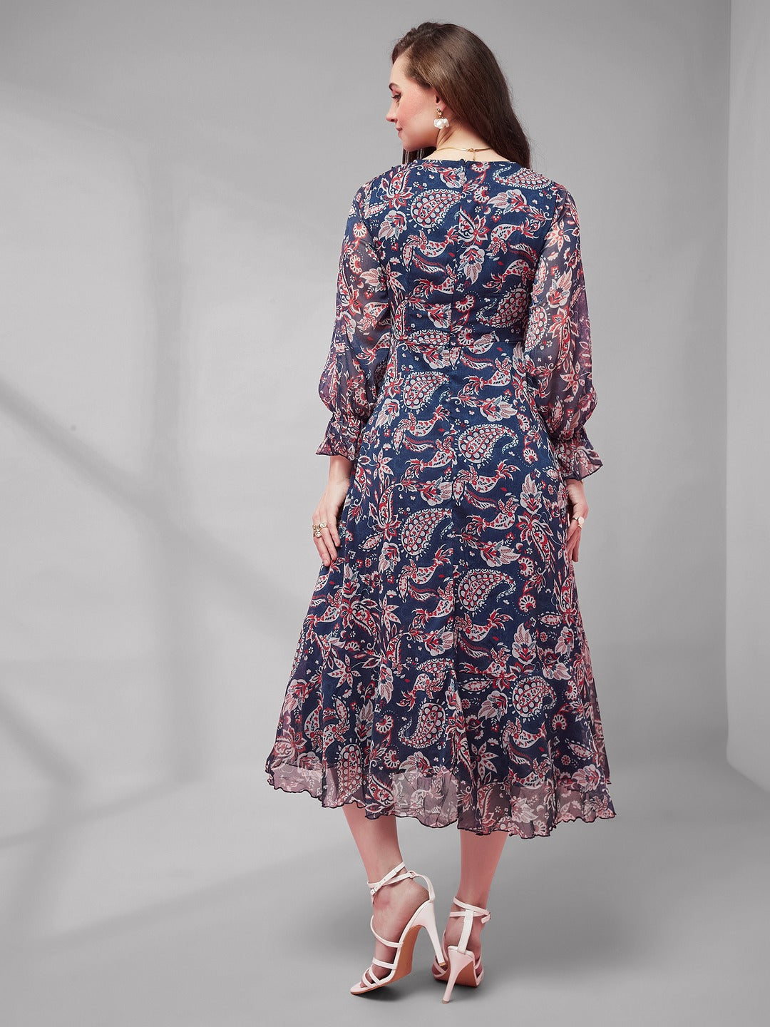 Navy Blue V Neck Full Sleeves Polyester Relaxed Fit Midi Length Dress for Women
