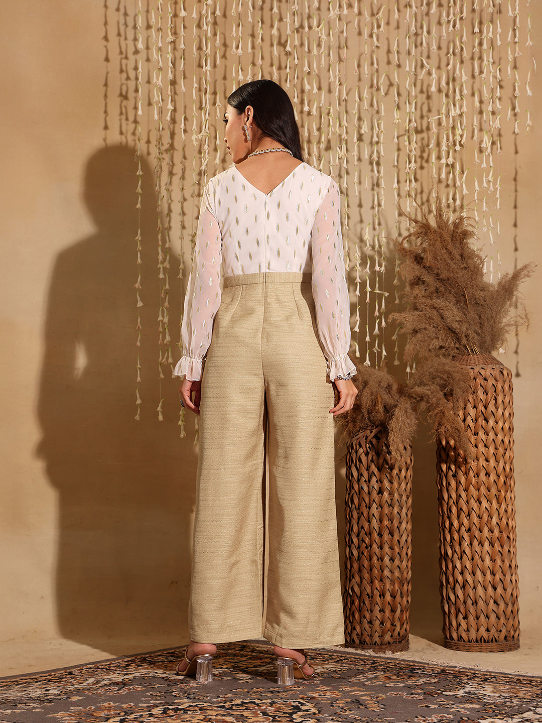 Women's Off White & Beige V-Neck Bishop Sleeve Self Design Frilled Regular-Length Polyester Jumpsuit