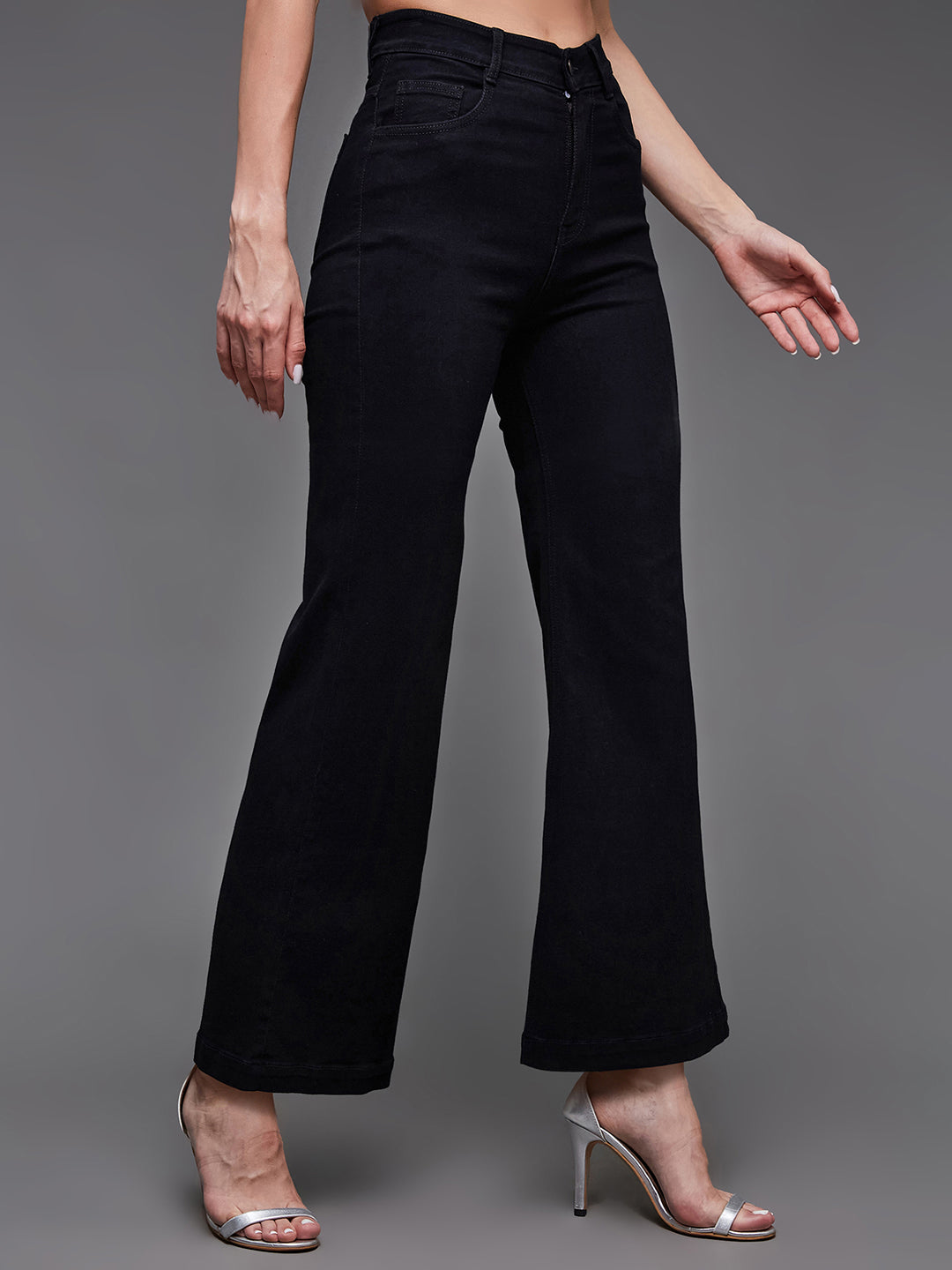 Women's Black Wide Leg High Rise Stretchable Denim Jeans