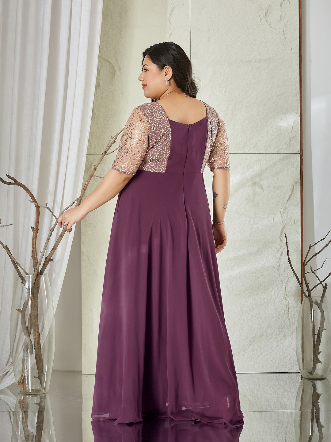 Mauve Square Neck Half Sleeve Solid Embellished Georgette Maxi Dress for Women