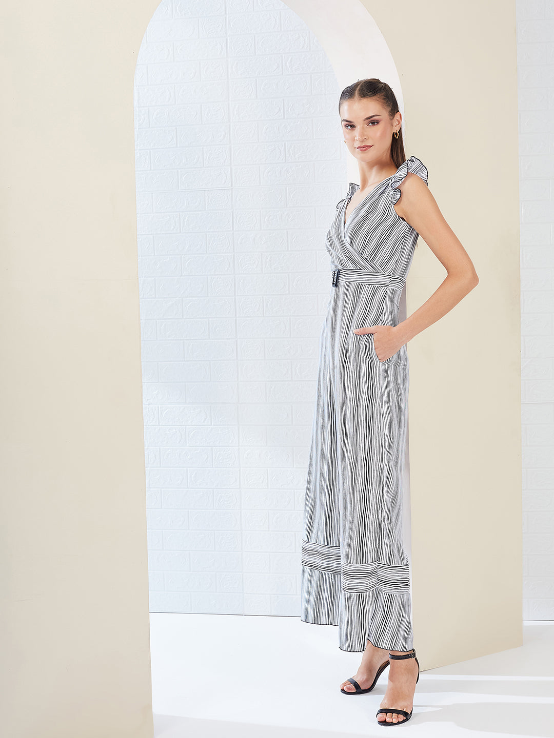 Black & White Striped V-Neck Frill Viscose Rayon Wrap Relaxed Fit Regular Jumpsuit for Women — Miss Chase