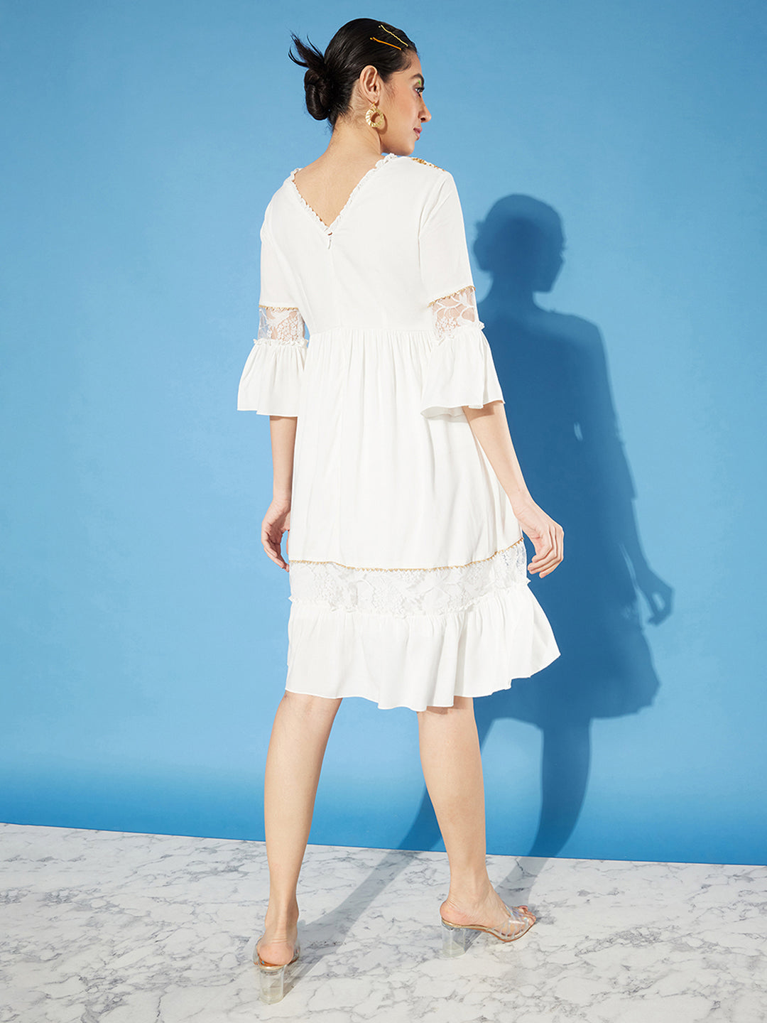 Women's Off-White Square Neck Ruffled Sleeve Viscose Rayon Embroidered Jacket Paneled Midi Dress