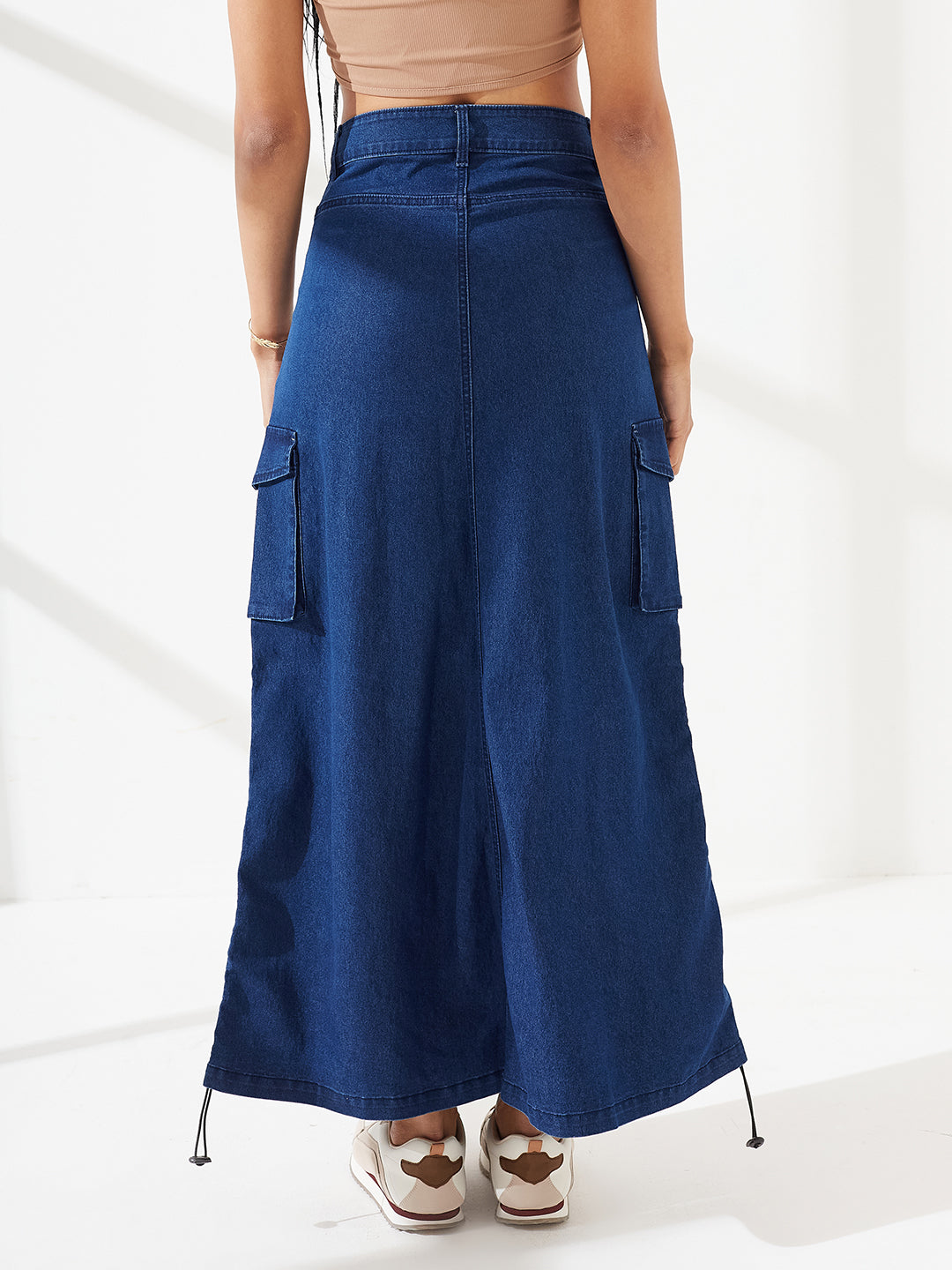 Navy Blue Baggy High-Rise Ruched Parachute Stretchable Denim Midi Skirt for Women