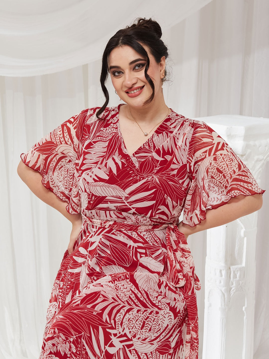 Maroon V Neck Flared Sleeve Floral Wrap Maxi Dress for Women — Miss Chase A+