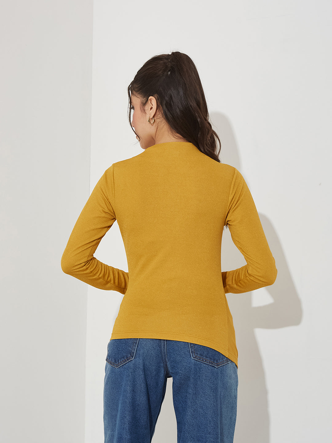 Golden Draped Polo Neck Full Sleeve Polyester Top for Women