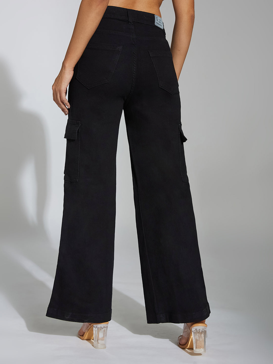 Women's Black Wide-Leg High-Rise Clean-Look Stretchable Denim Cargo Jeans
