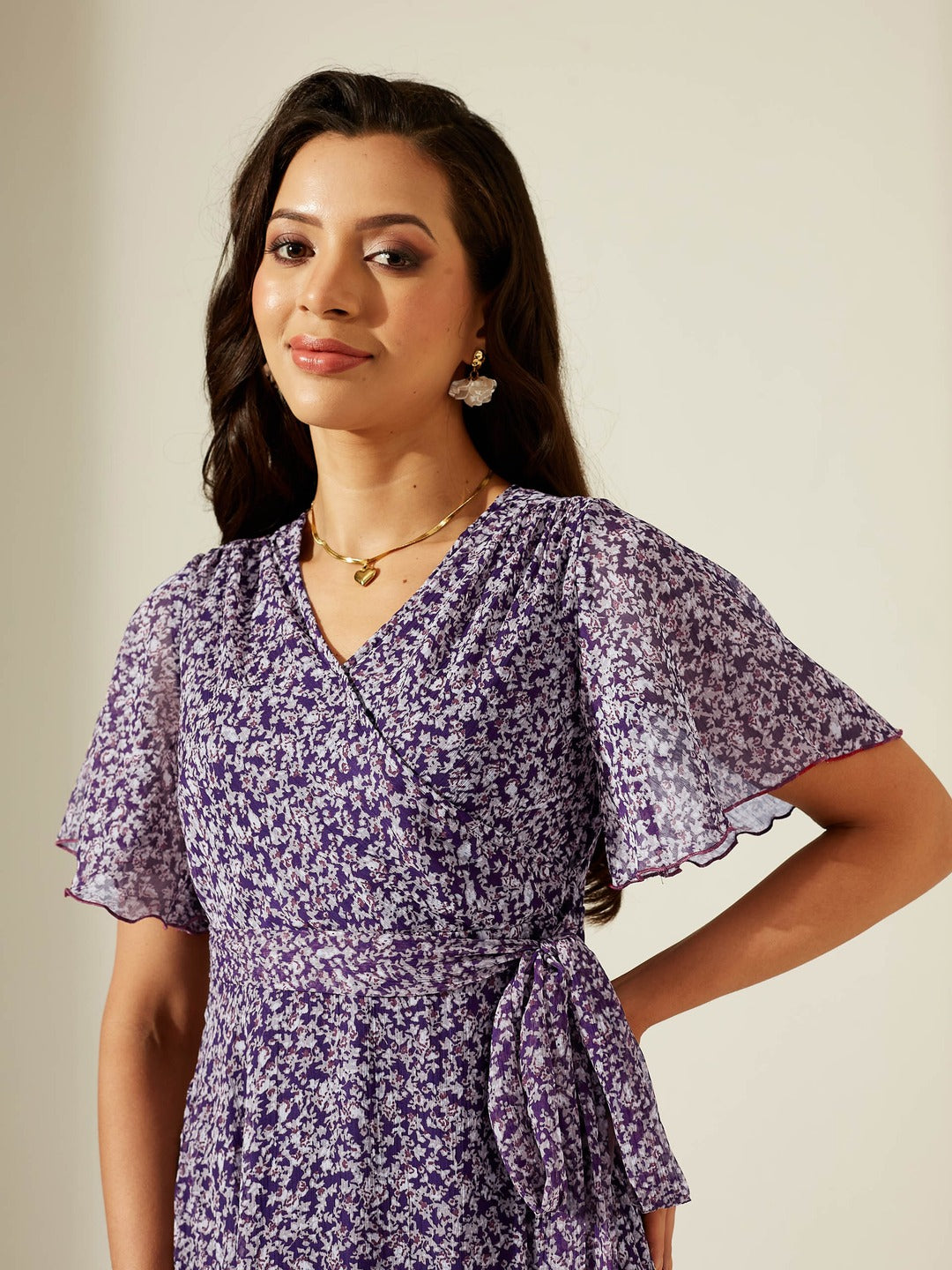 Purple V Neck Flared Sleeve Floral Wrap Chiffon Maxi Dress for Women