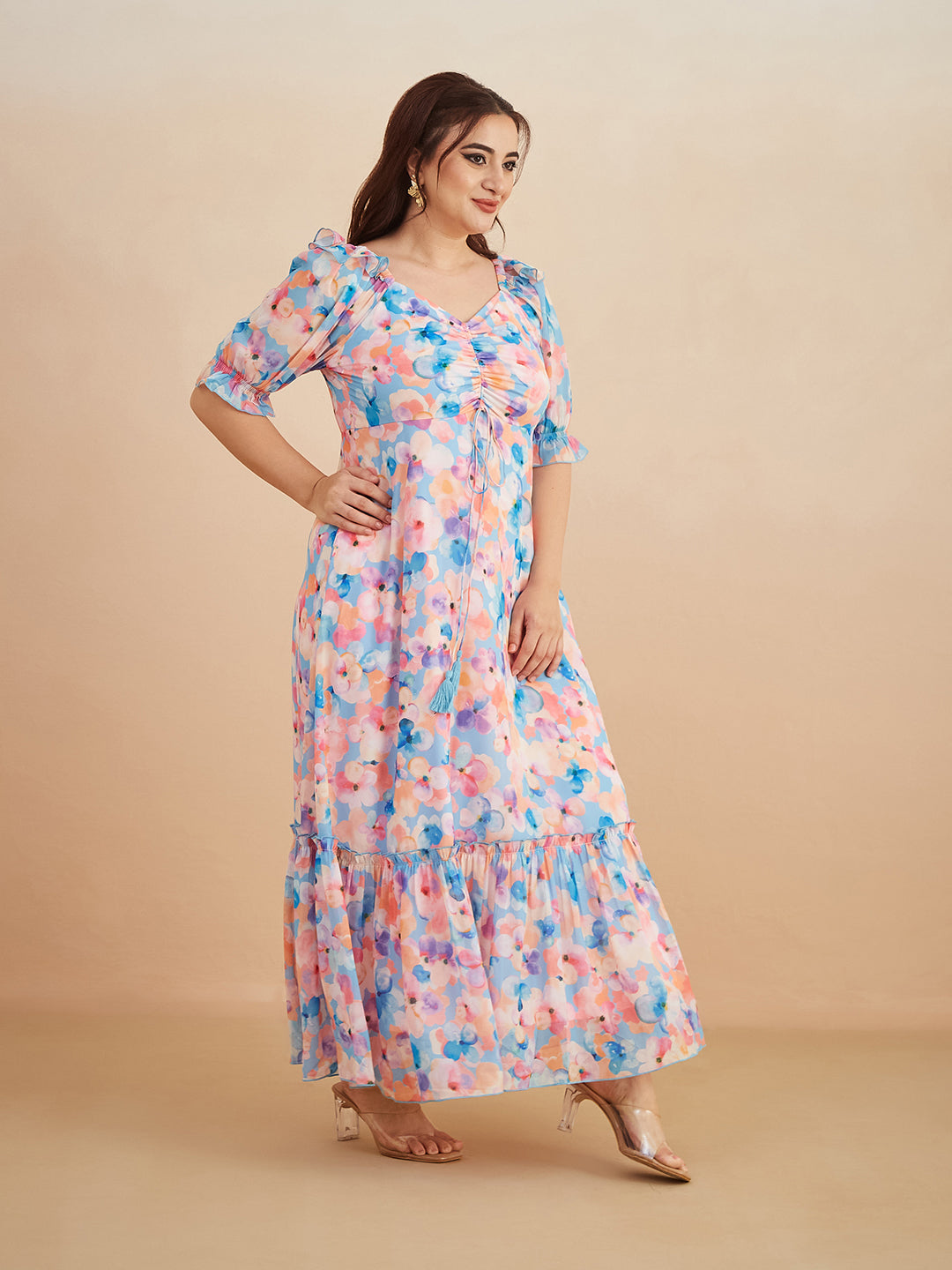 Multicolored-Base-Sky Blue V-Neck Puff Sleeve Floral Ruching Ankle-Length Dress for Women