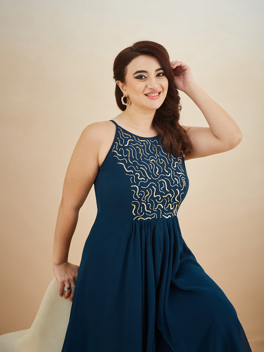 Teal Round Neck Sleeveless Solid Embellished Maxi Dress for Women — Miss Chase A+
