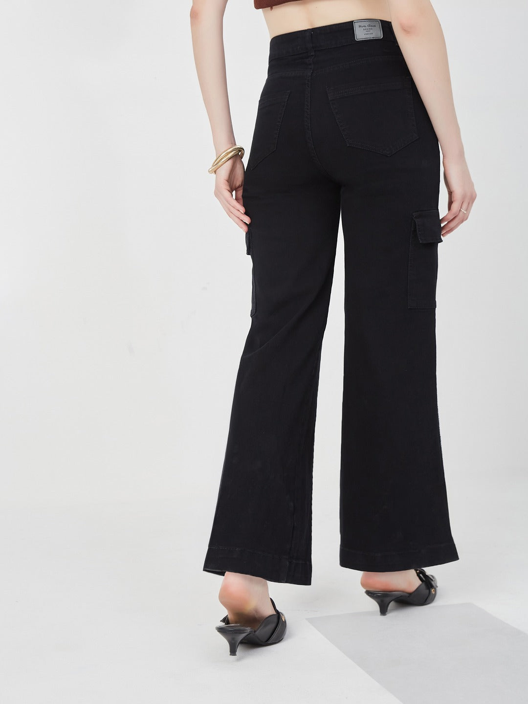 Black Wide leg high-rise Regular Stretchable Denim Jeans for Women