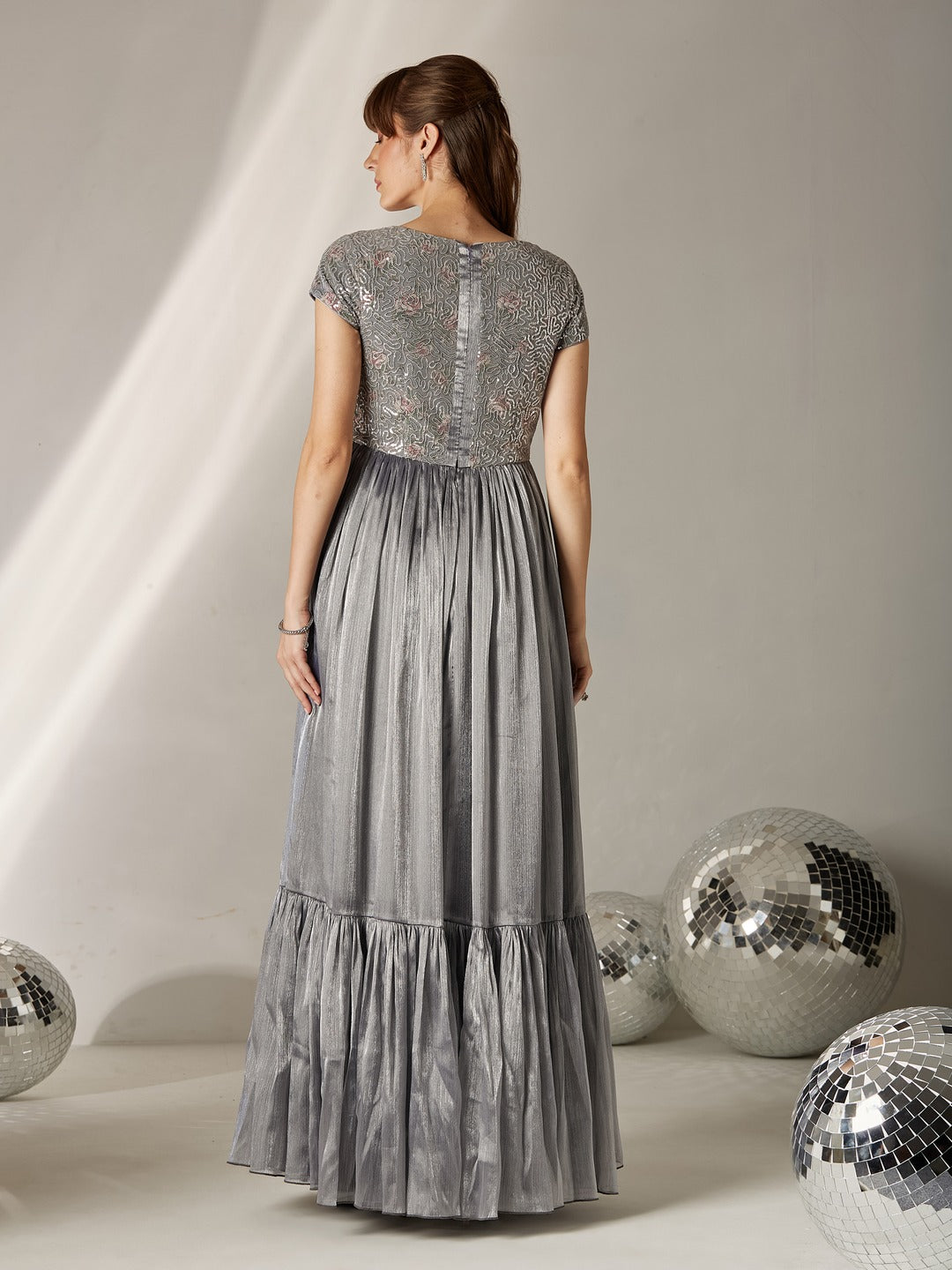 Silver Asymmetric Short Sleeve Embellished Tiered Chiffon Maxi Dress for Women