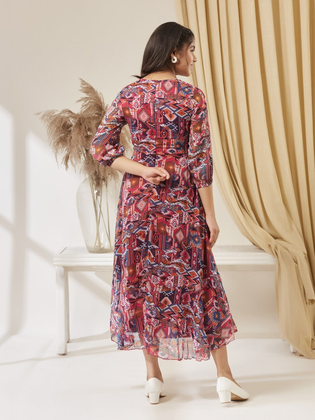 V-Neck Three-Quarter Sleeve Geometric Patterned Wrap Midi Chiffon Dress for Girls/Teenagers