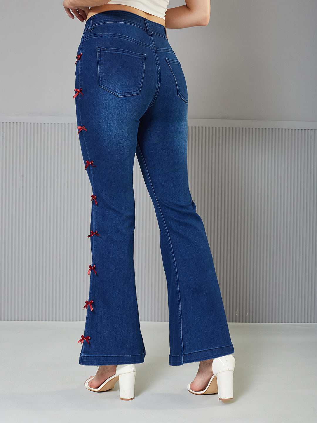 Navy-Blue High-Rise Stretchable Bootcut Denim Jeans for Women with Dark Red Satin Bows