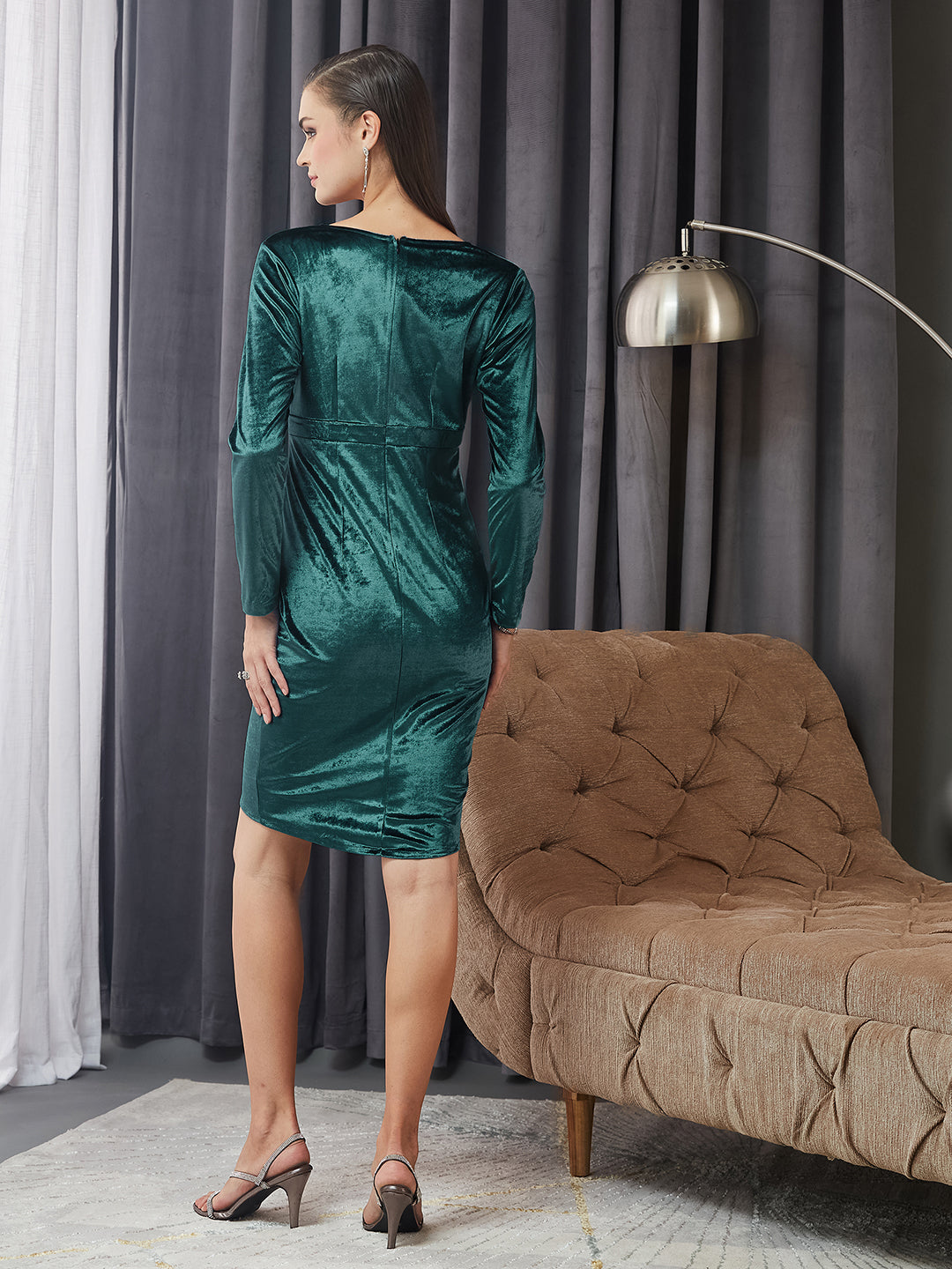 Teal Velvet Wrap Knee-Length Dress with Draped Silhouette and Full Sleeves for Women — Miss Chase