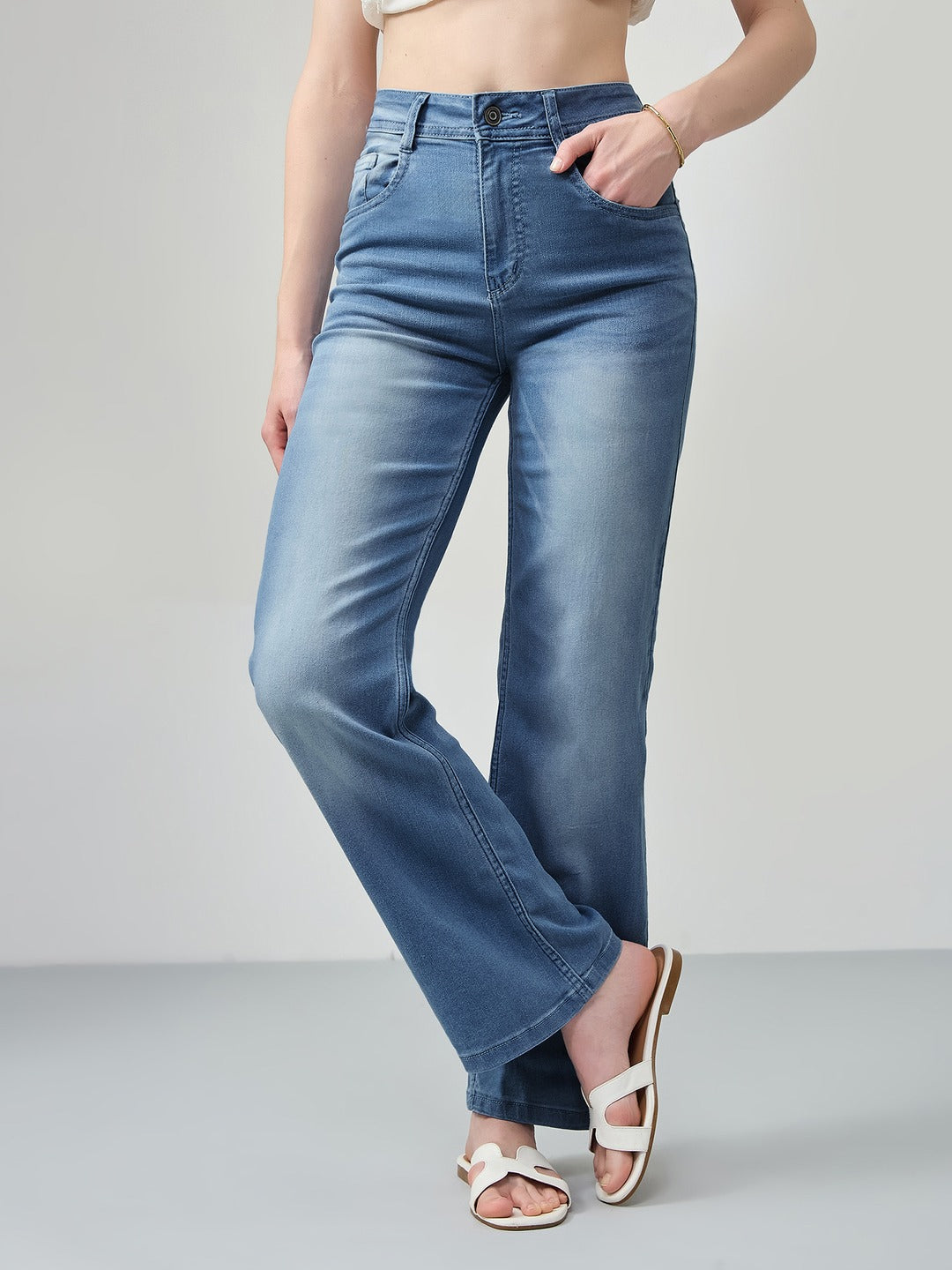 Light Blue Wide-Leg Mid Rise Blast Effect Light Weight Denim Jeans for Women
