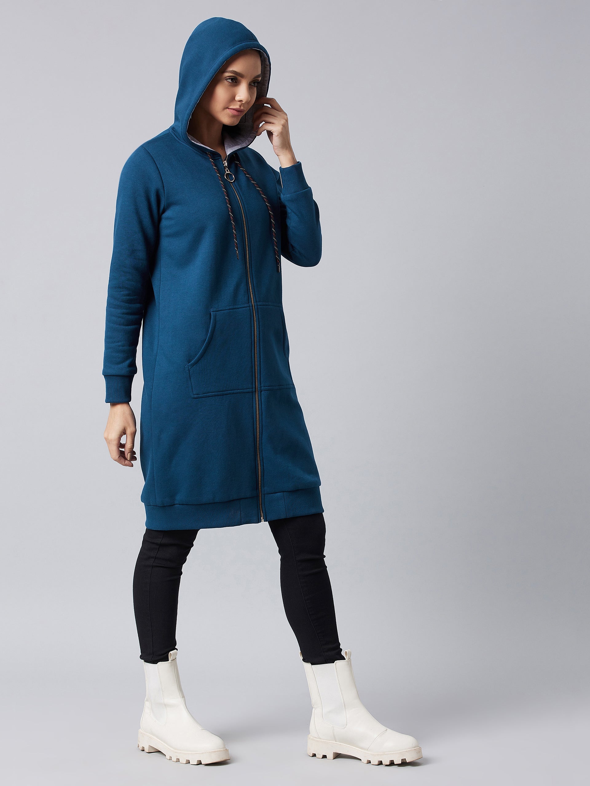 Women's Navy Blue Hooded Full Sleeve Solid Hooded Knee Length Dress