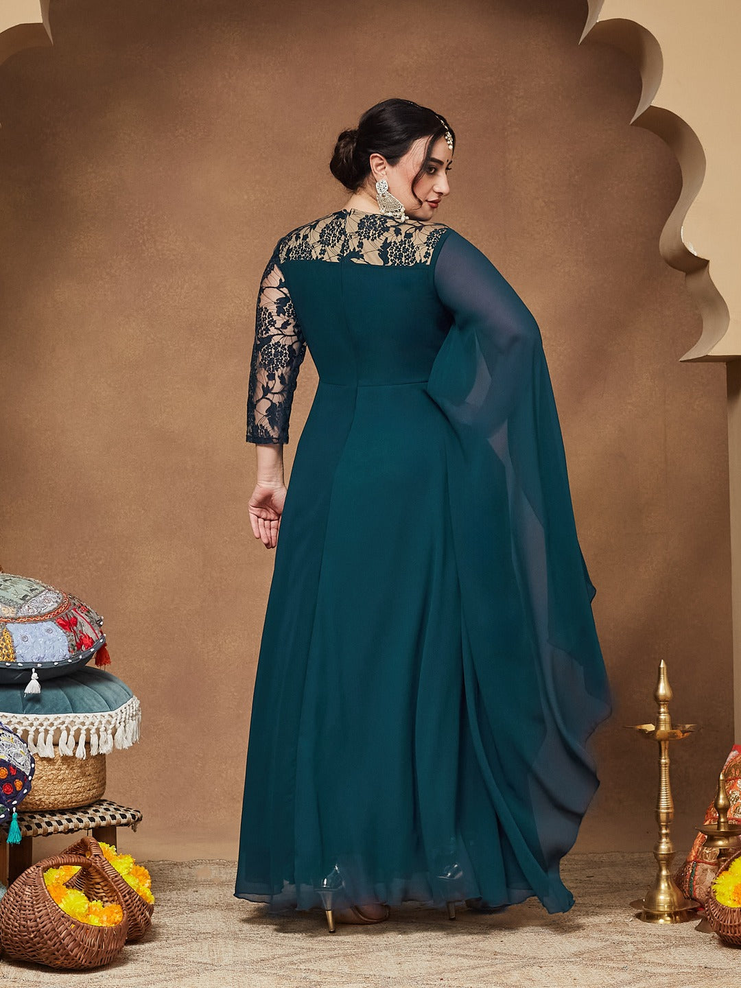 Teal V-Neck Asymmetric Self-Designed Georgette Maxi Dress for Women