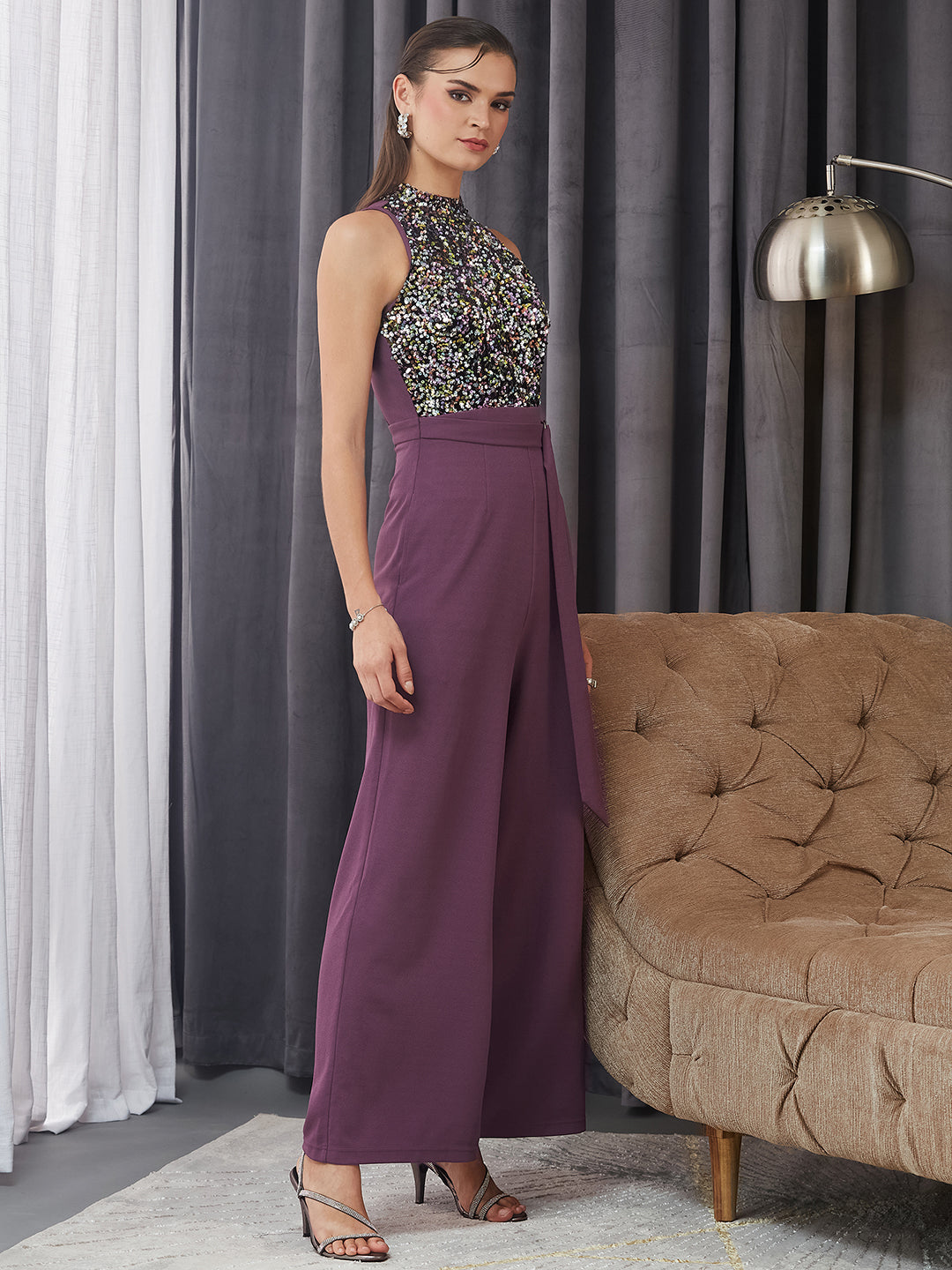 Women's Multicolored Base Lavender Sleeveless Embellished Halter Neck Regular Jumpsuit