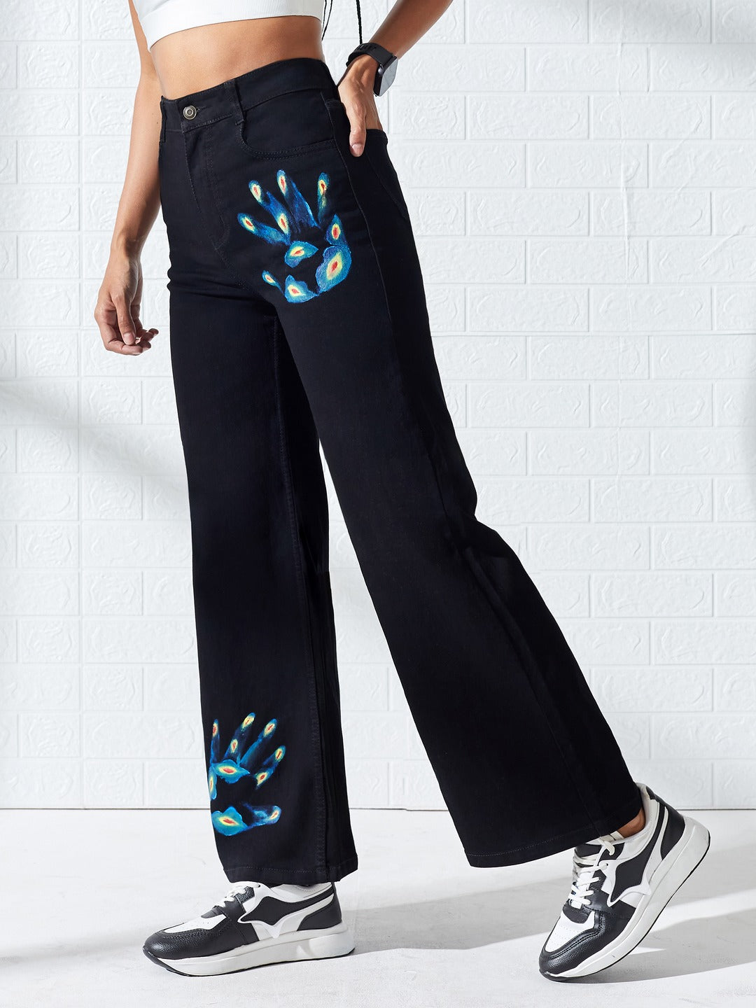 Hand-Painted Black Wide Leg High-Rise Thermal Hand-Scan Stretchable Denim Jeans For Women