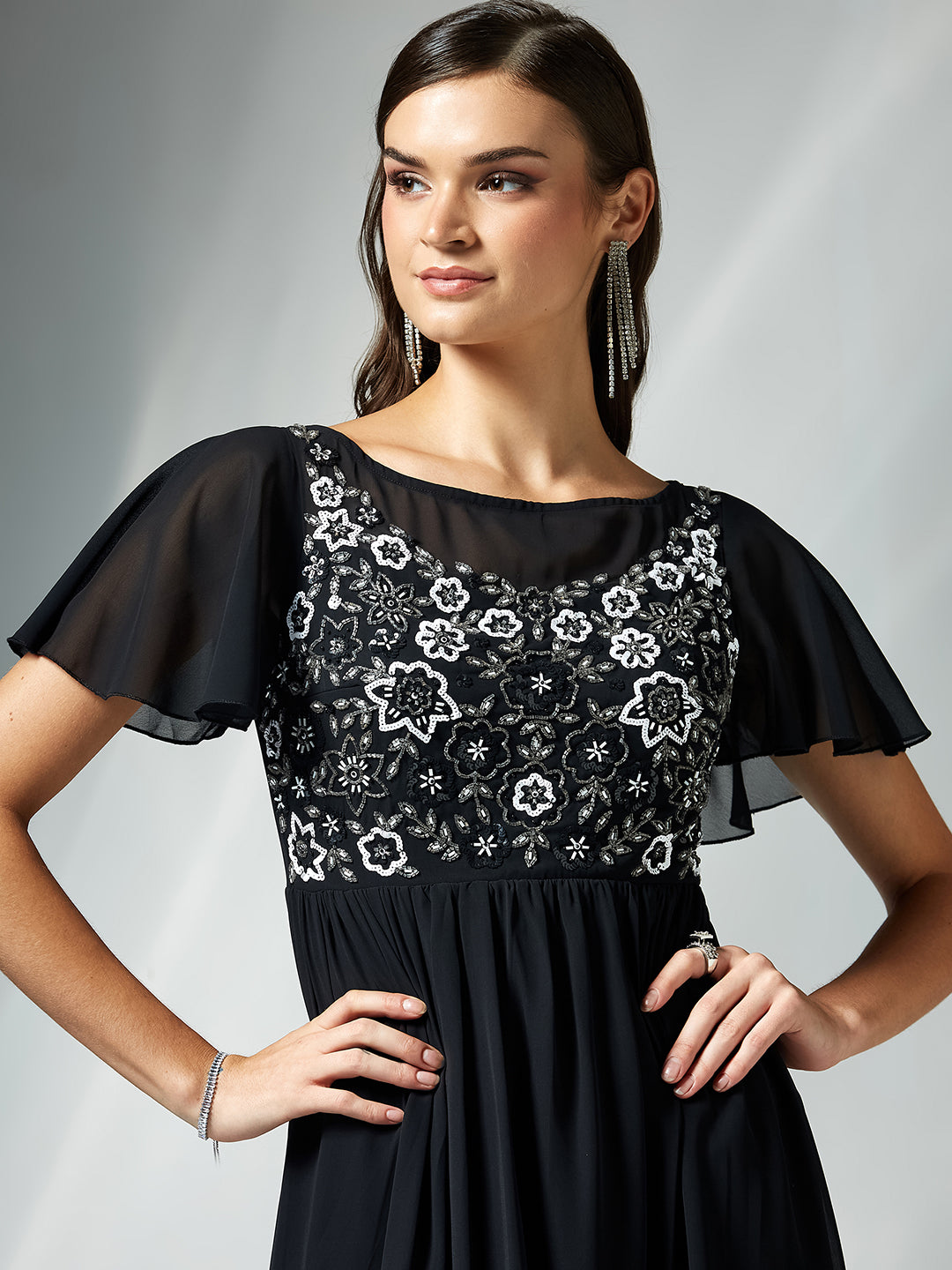 Women's Black Embellished Gathered Maxi Dress