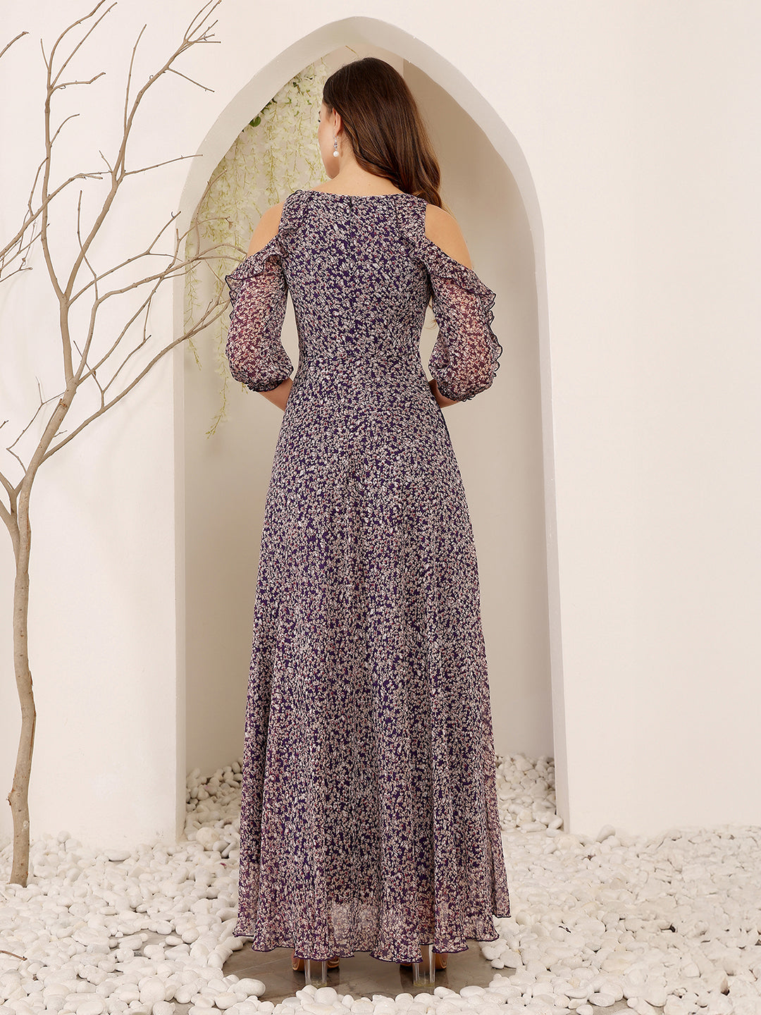 Women's Multicolored-Base-Purple Sweetheart Cold Shoulder Floral Ruched Chiffon Maxi Dress