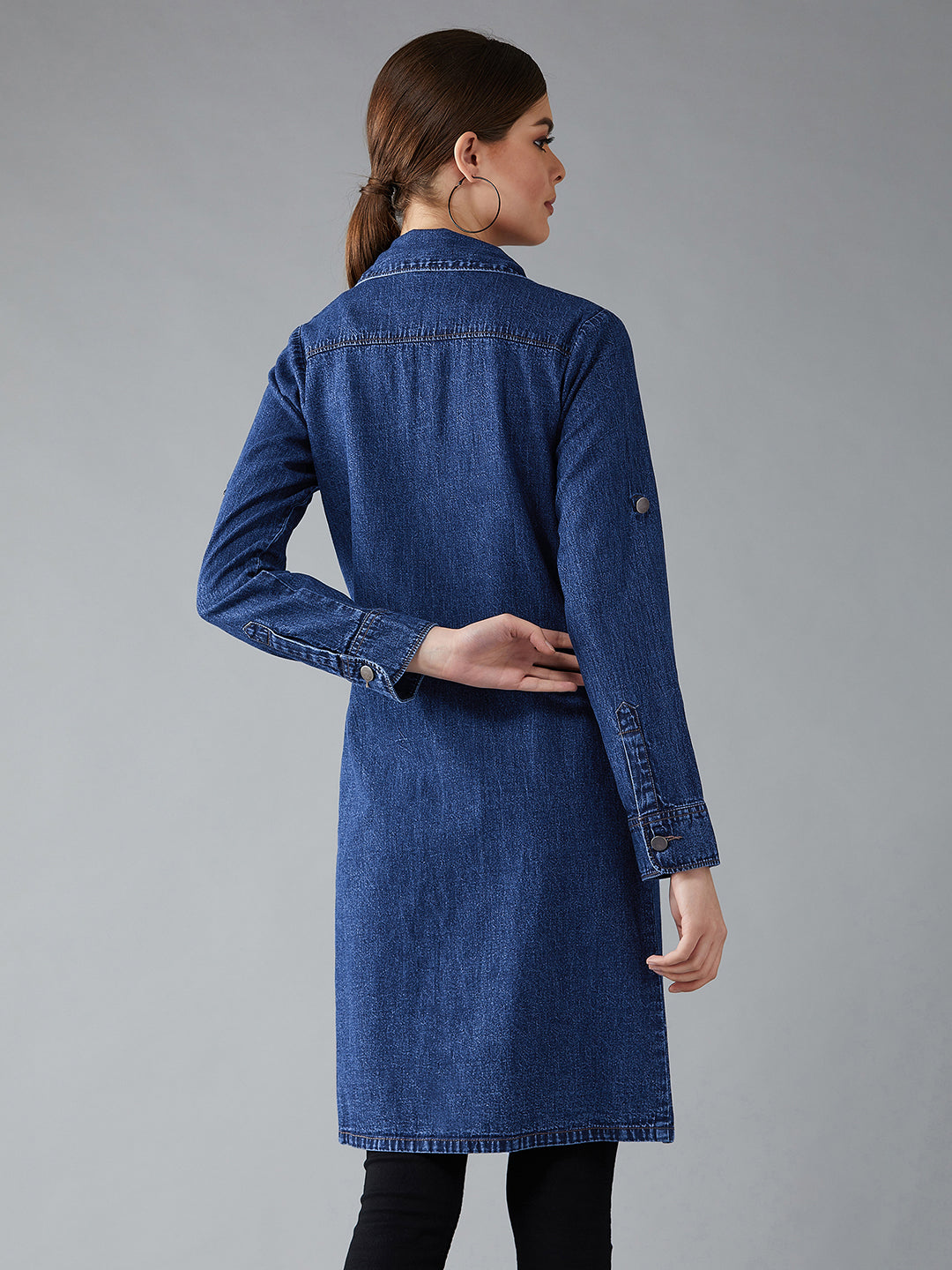 Women's Navy Blue Solid Polo Neck Full Sleeves Patch Pocket Denim Overcoat Knee-Length Jacket