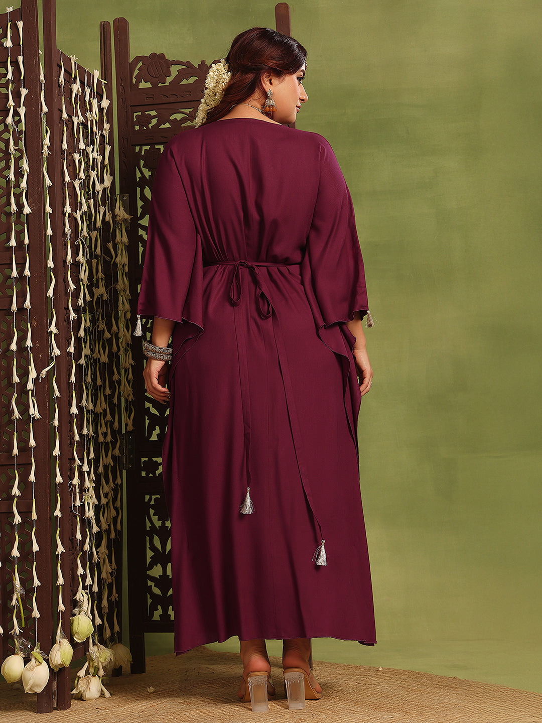 Wine V-Neck 3/4 Sleeve Solid Viscose Rayon Maxi Kaftan Dress for Women