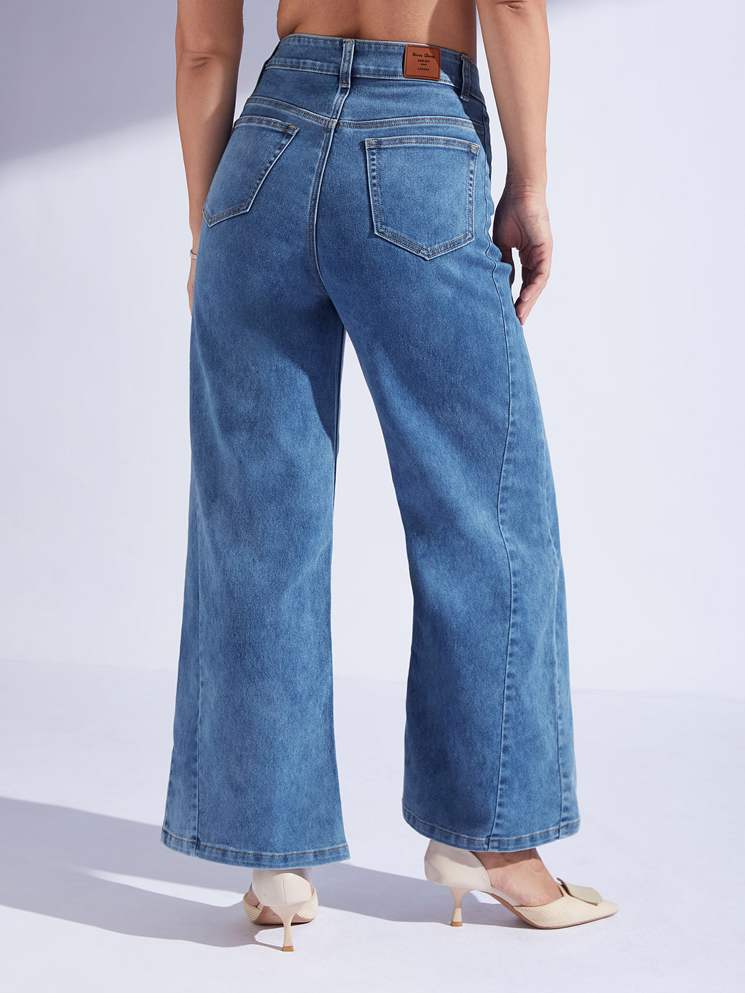 Women's Mid Blue Wide Leg High-Rise Curved Panel Stretchable Denim Jeans