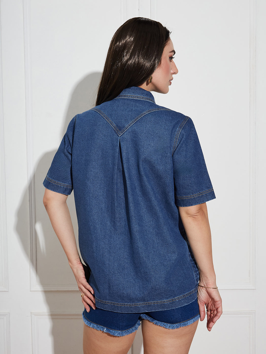 Women's Navy Blue Boxy Denim Shirt – Half Sleeves, Collared, Relaxed Fit